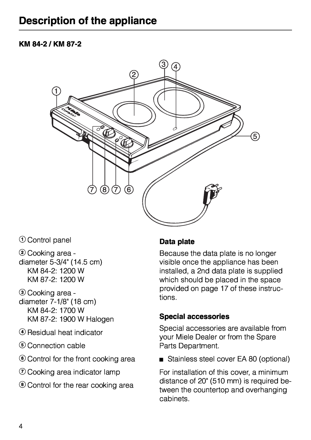 Miele KM84-2, KM 87-2 manual Description of the appliance, KM 84-2 / KM, Data plate, Special accessories 
