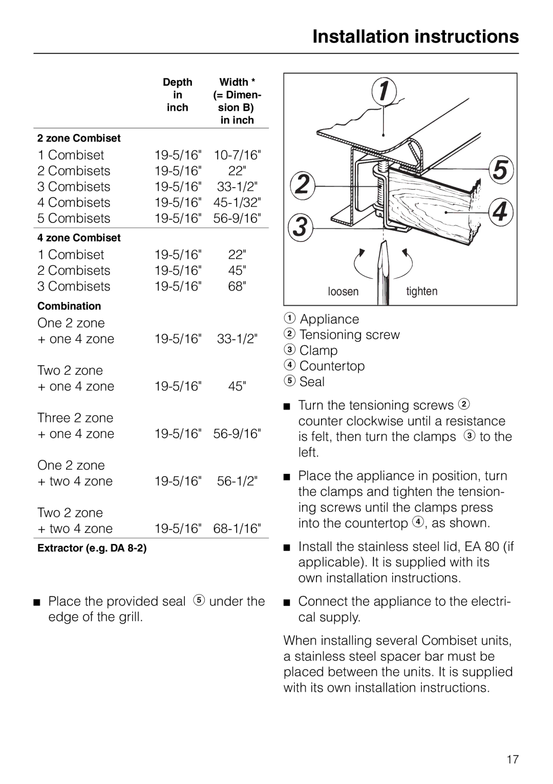 Miele KM88-2 operating instructions Combiset 19-5/16 10-7/16 Combisets 33-1/2 45-1/32 56-9/16 