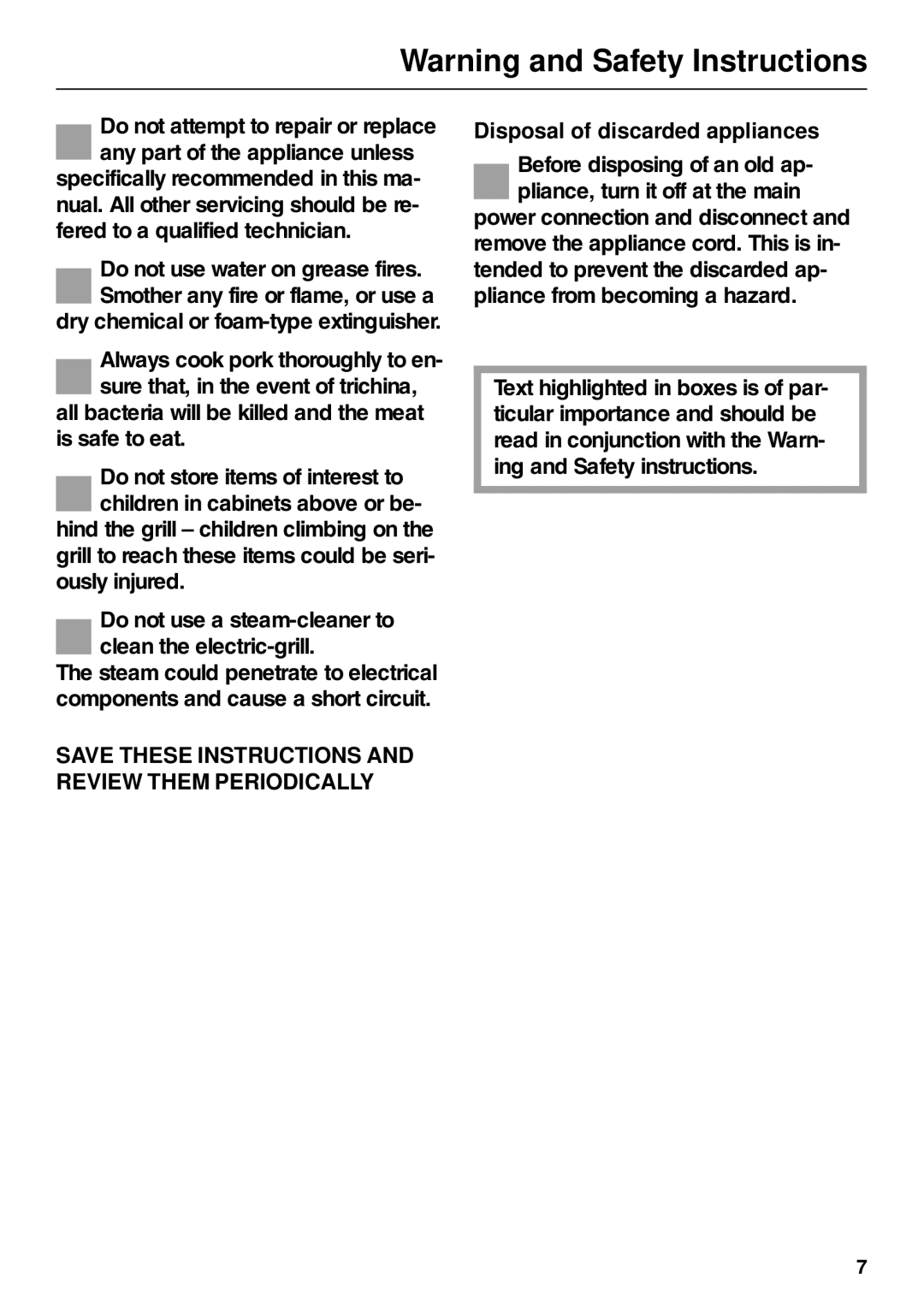 Miele KM88-2 operating instructions Save These Instructions and Review Them Periodically, Disposal of discarded appliances 