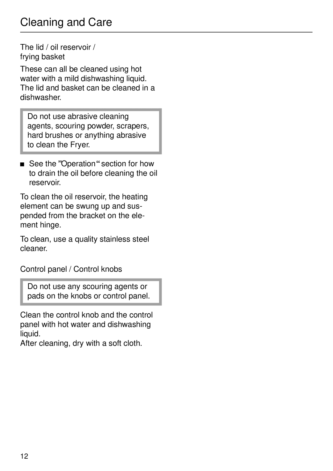 Miele KM89-2 manual Cleaning and Care, Lid / oil reservoir / frying basket, Control panel / Control knobs 