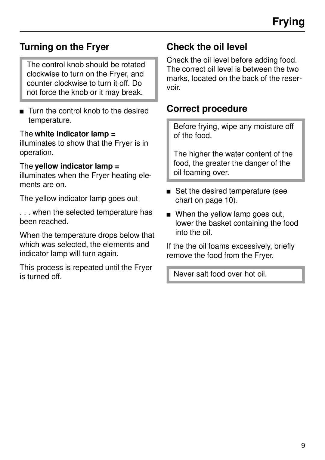 Miele KM89-2 manual Frying, Turning on the Fryer 