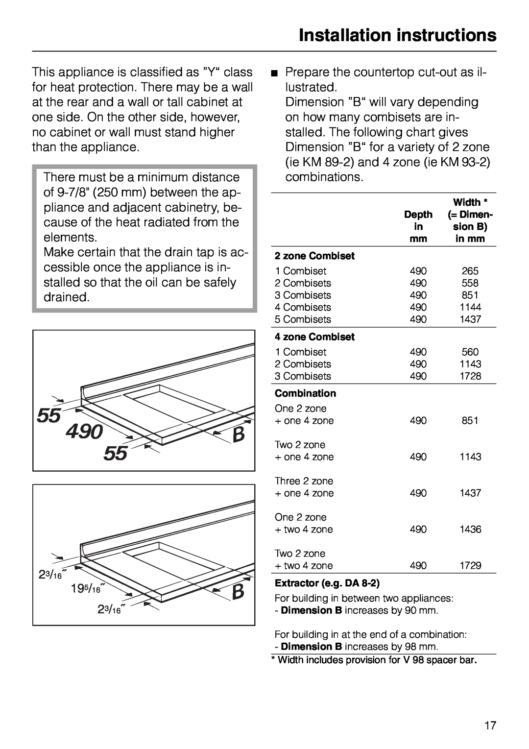 Miele KM89-2 manual Installation instructions, zone Combiset, Combination, Extractor e.g. DA 
