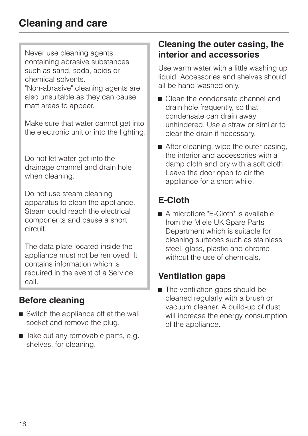 Miele KWL 4812 S Cleaning and care, Before cleaning, Cleaning the outer casing, the interior and accessories, Cloth 