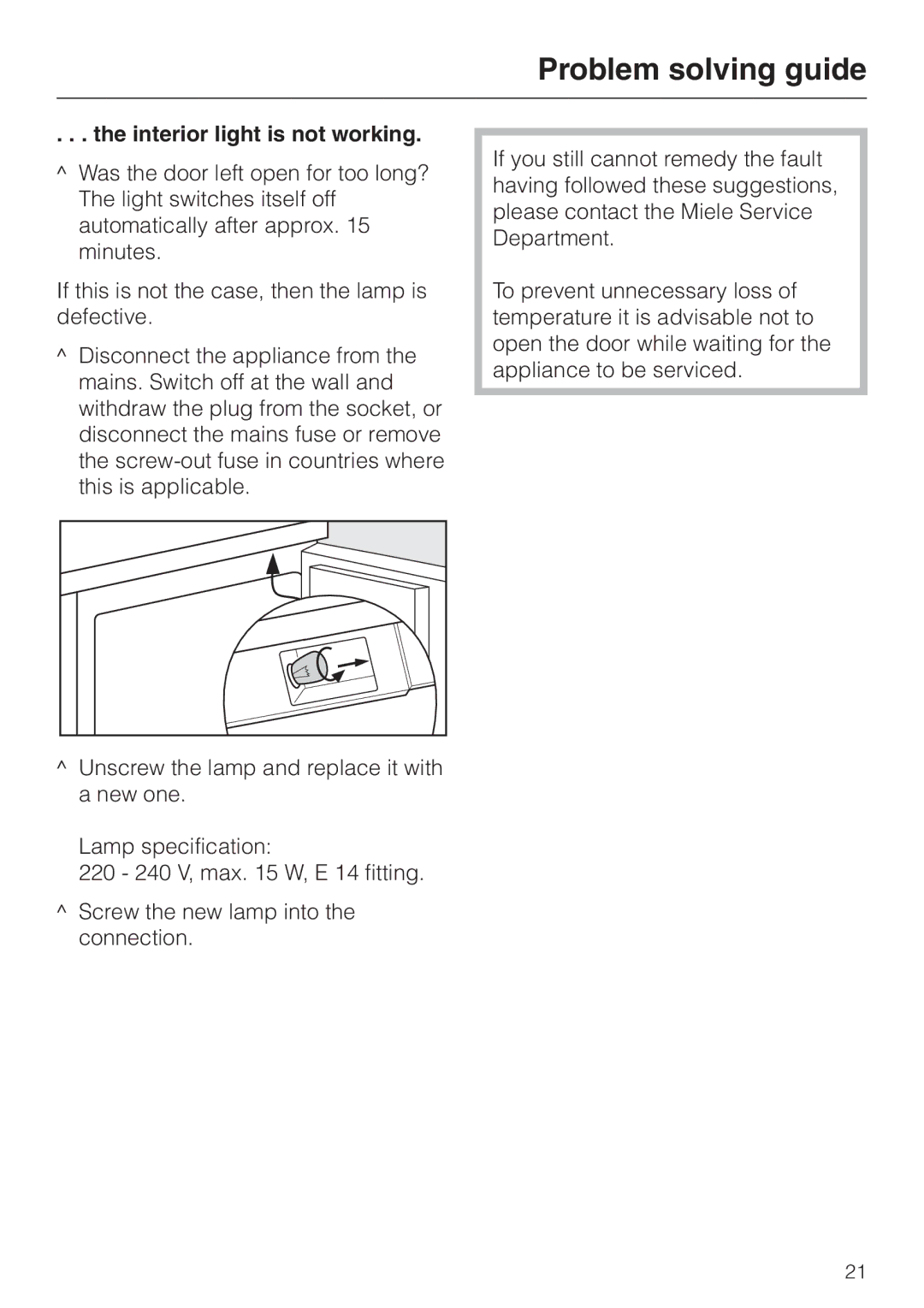 Miele KWL 4612 S, KWL 4812 S installation instructions Interior light is not working 