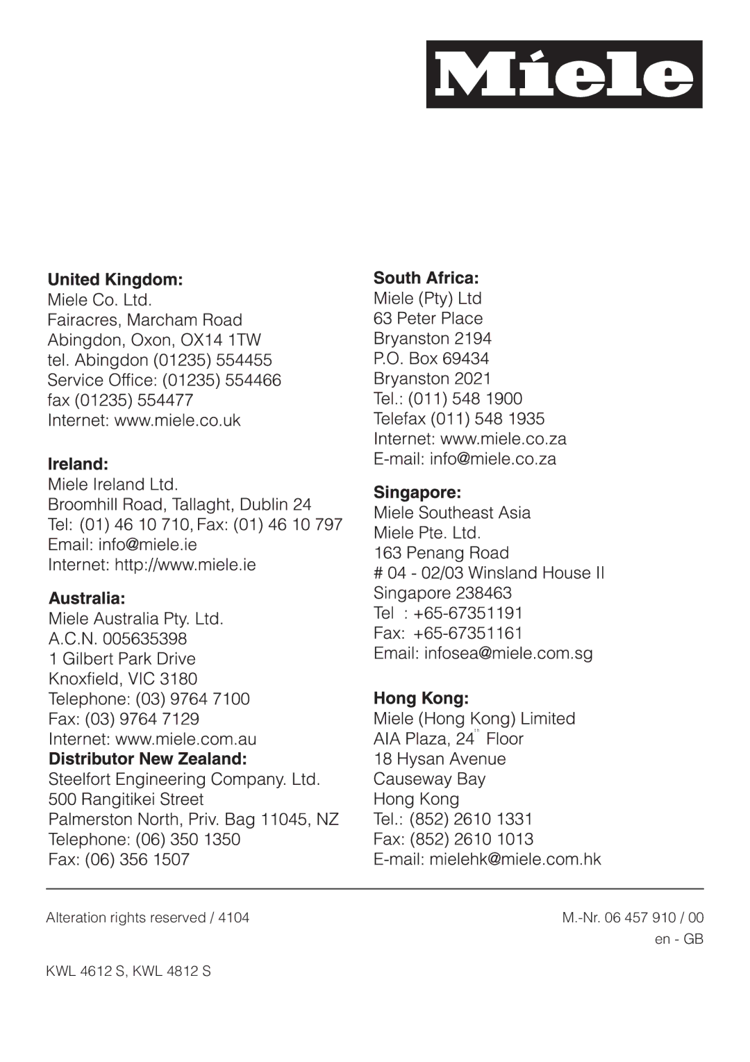 Miele KWL 4812 S, KWL 4612 S installation instructions Alteration rights reserved 