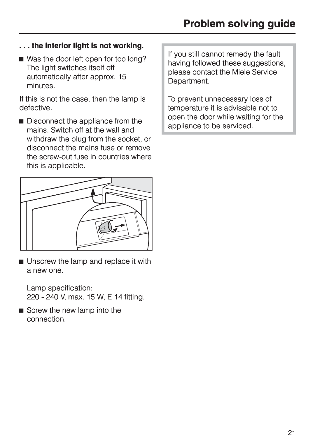 Miele KWL 4612 S, KWL 4812 S installation instructions the interior light is not working, Problem solving guide 