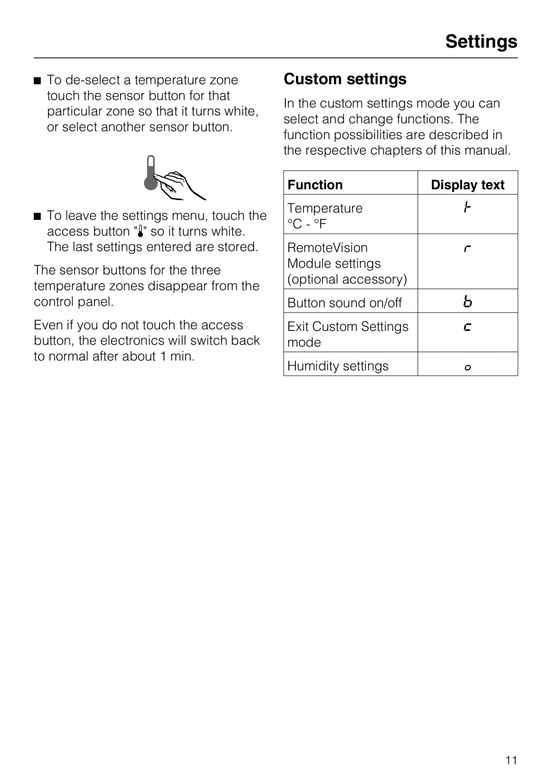 Miele KWT 1611 SF, KWT 1601 SF installation instructions Custom settings, Function Display text 