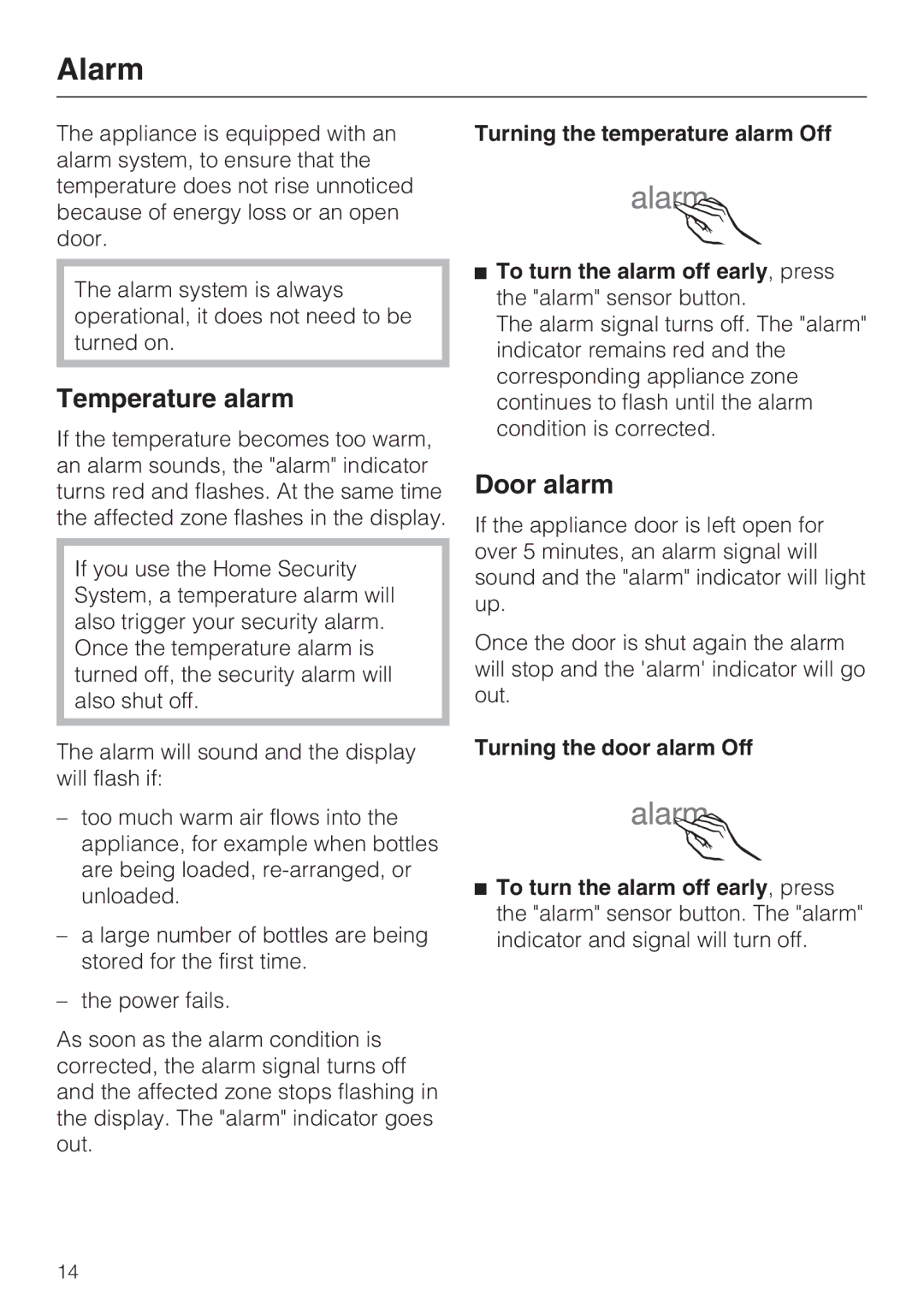 Miele KWT 1601 SF, KWT 1611 SF installation instructions Alarm, Temperature alarm, Door alarm 