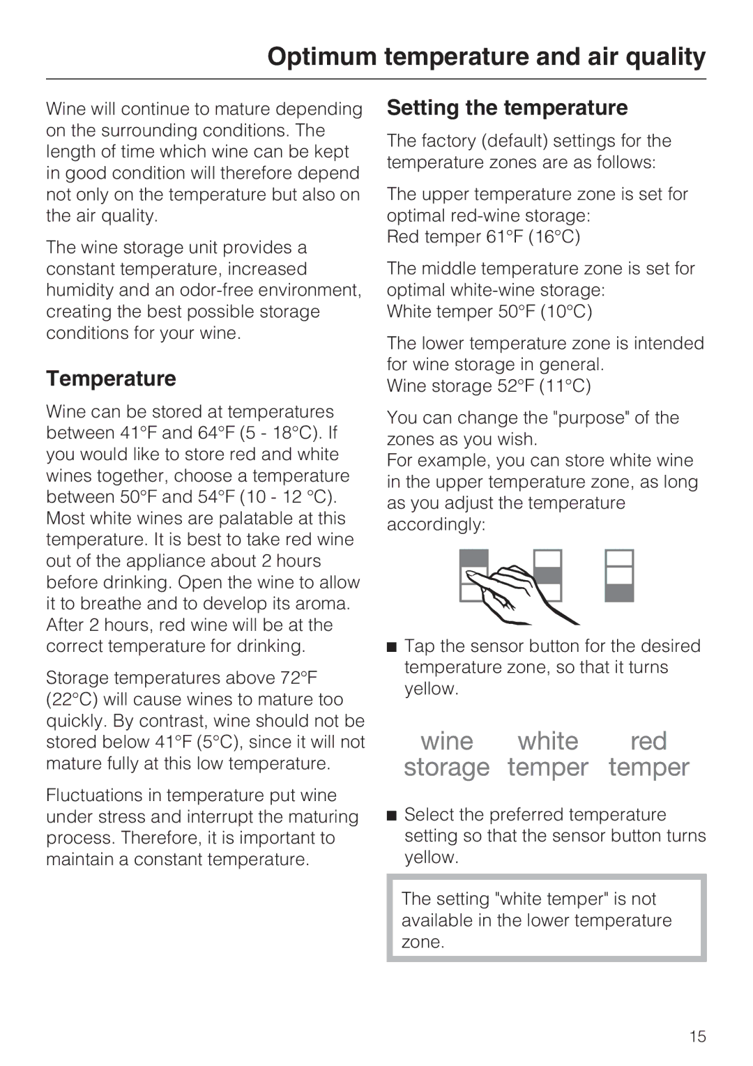 Miele KWT 1611 SF, KWT 1601 SF Optimum temperature and air quality, Temperature, Setting the temperature 