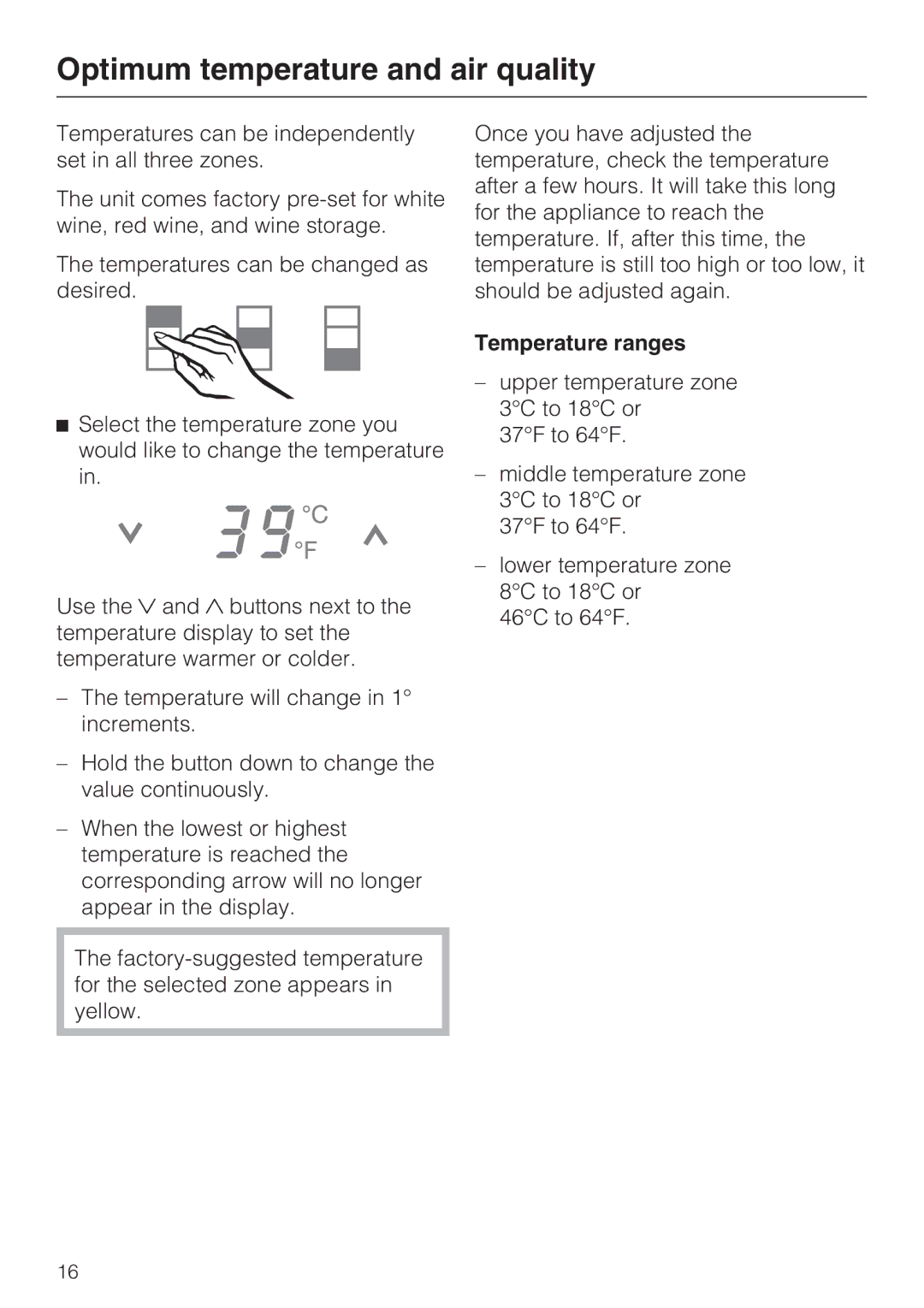 Miele KWT 1601 SF, KWT 1611 SF installation instructions Temperature ranges 