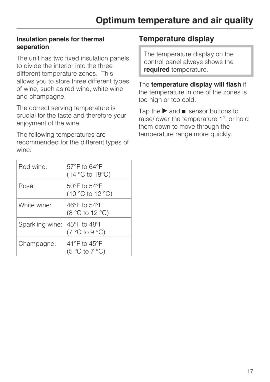 Miele KWT 1611 SF, KWT 1601 SF installation instructions Temperature display, Insulation panels for thermal separation 