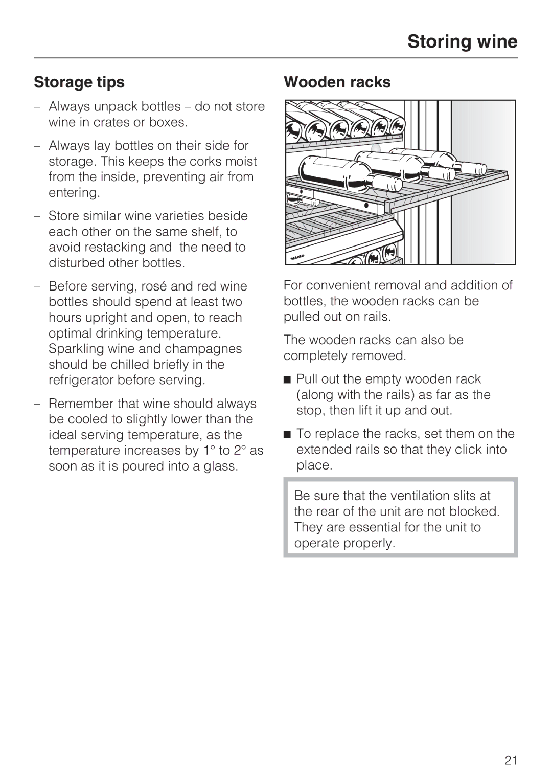 Miele KWT 1611 SF, KWT 1601 SF installation instructions Storing wine, Storage tips 