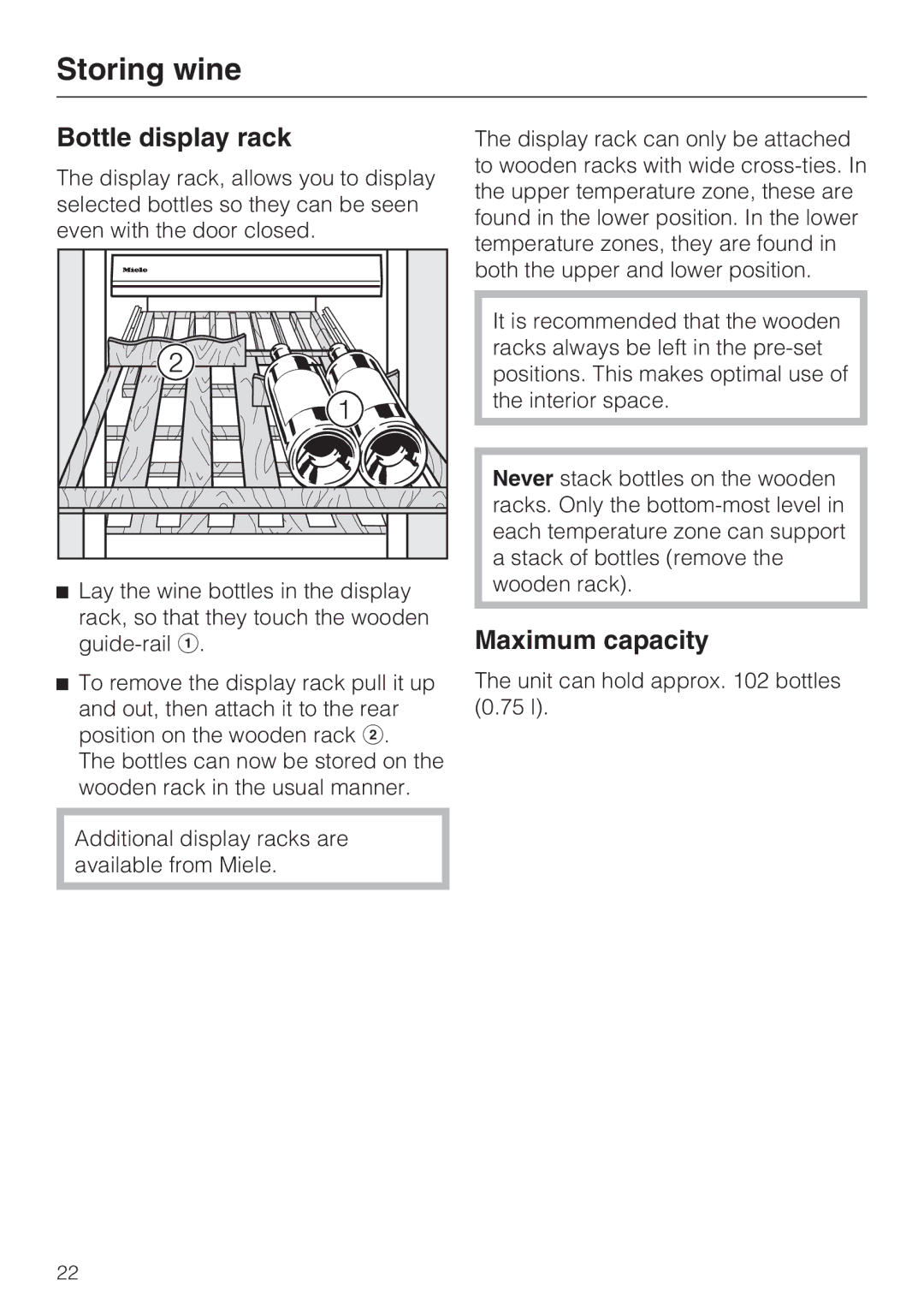 Miele KWT 1601 SF, KWT 1611 SF installation instructions Bottle display rack, Maximum capacity 