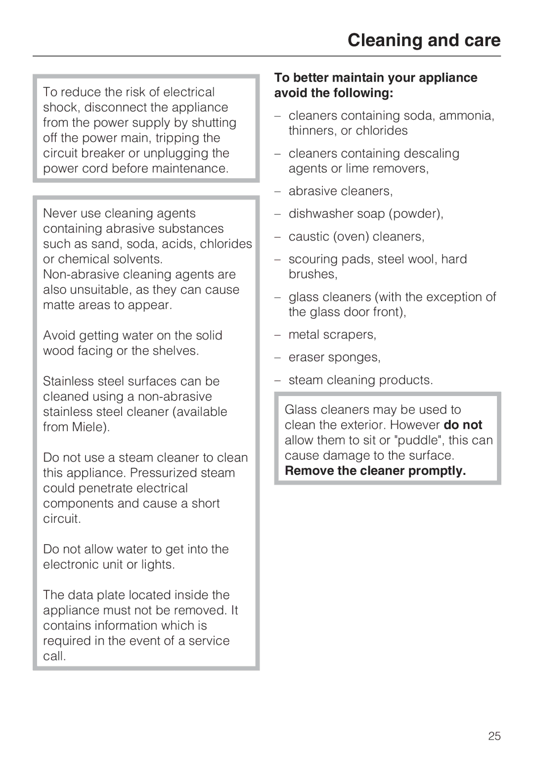 Miele KWT 1611 SF Cleaning and care, To better maintain your appliance avoid the following, Remove the cleaner promptly 