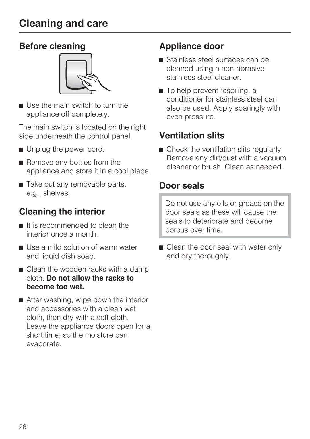 Miele KWT 1601 SF, KWT 1611 SF Before cleaning, Cleaning the interior, Appliance door, Ventilation slits, Door seals 