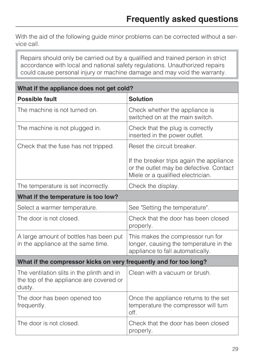 Miele KWT 1611 SF, KWT 1601 SF installation instructions Frequently asked questions, What if the temperature is too low? 