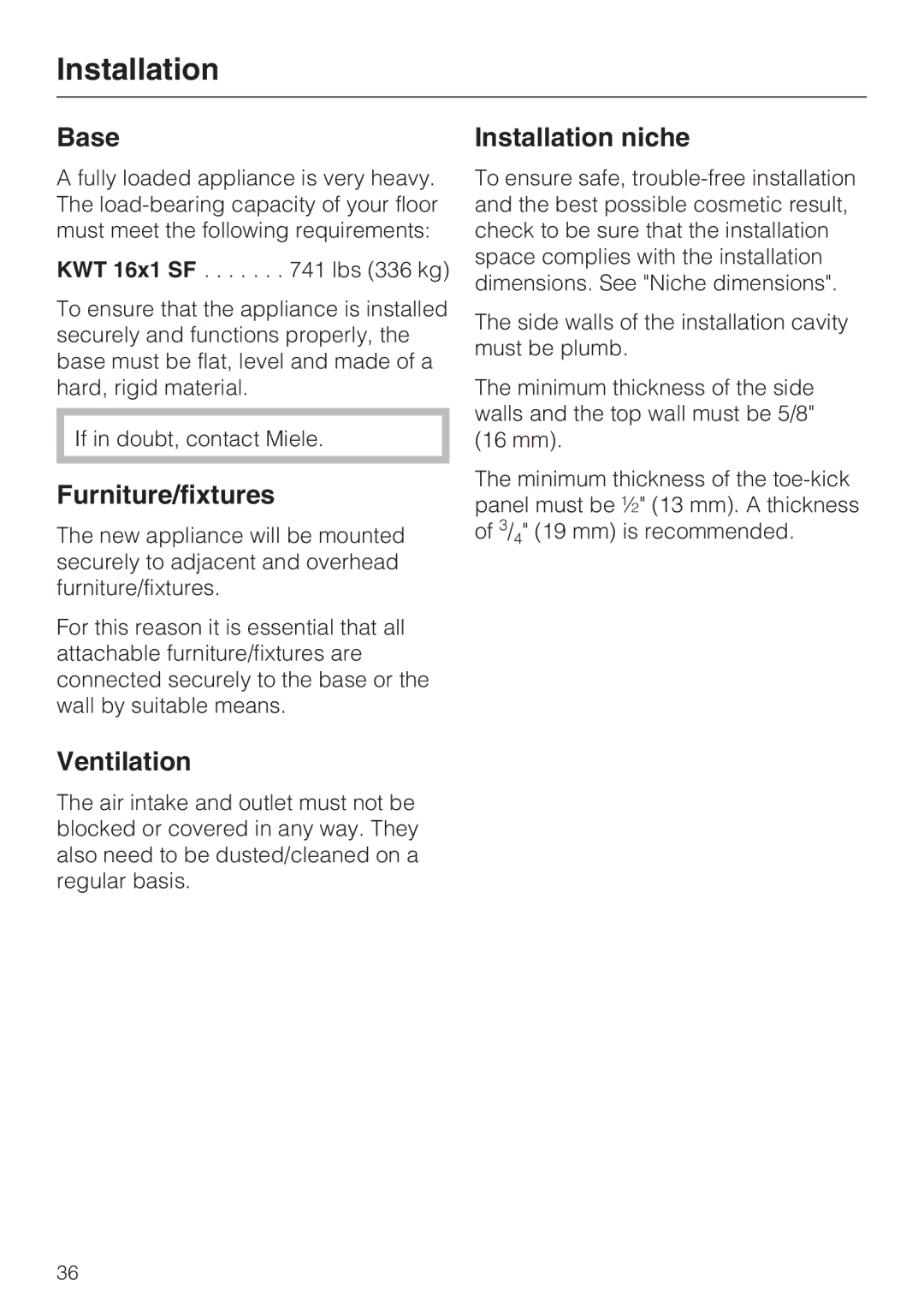 Miele KWT 1601 SF, KWT 1611 SF installation instructions Base, Furniture/fixtures, Ventilation, Installation niche 