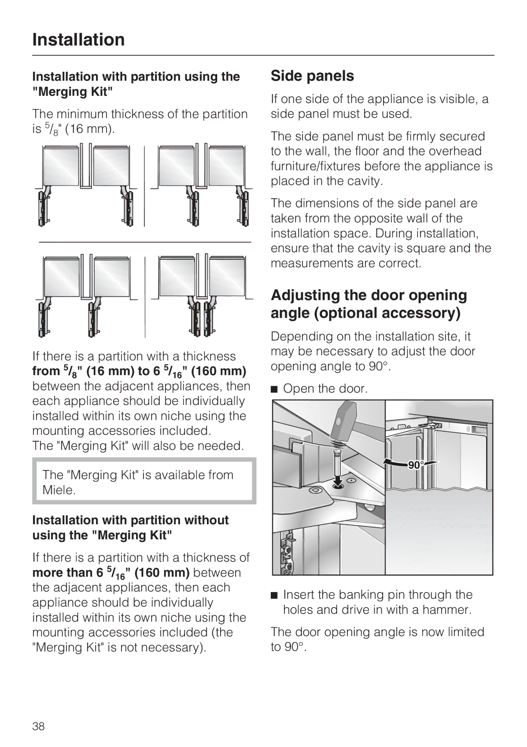 Miele KWT 1601 SF Side panels, Adjusting the door opening angle optional accessory, From 5/8 16 mm to 6 5/16 160 mm 