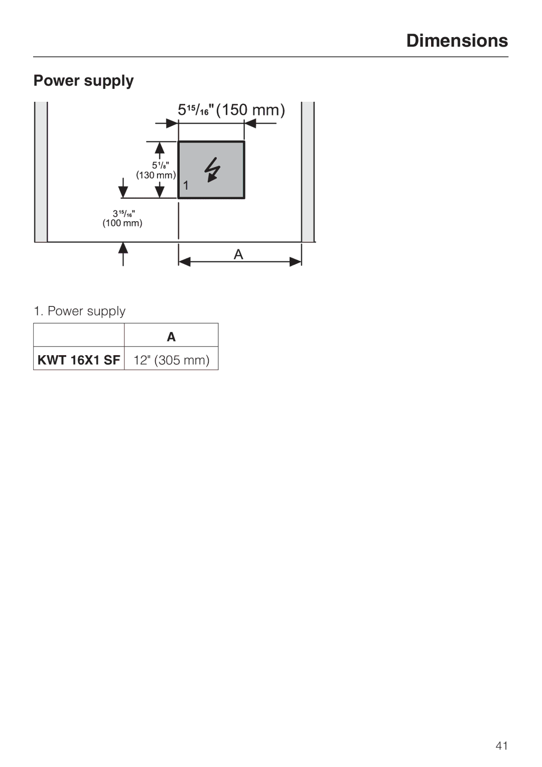 Miele KWT 1611 SF, KWT 1601 SF installation instructions Power supply, KWT 16X1 SF 12 305 mm 