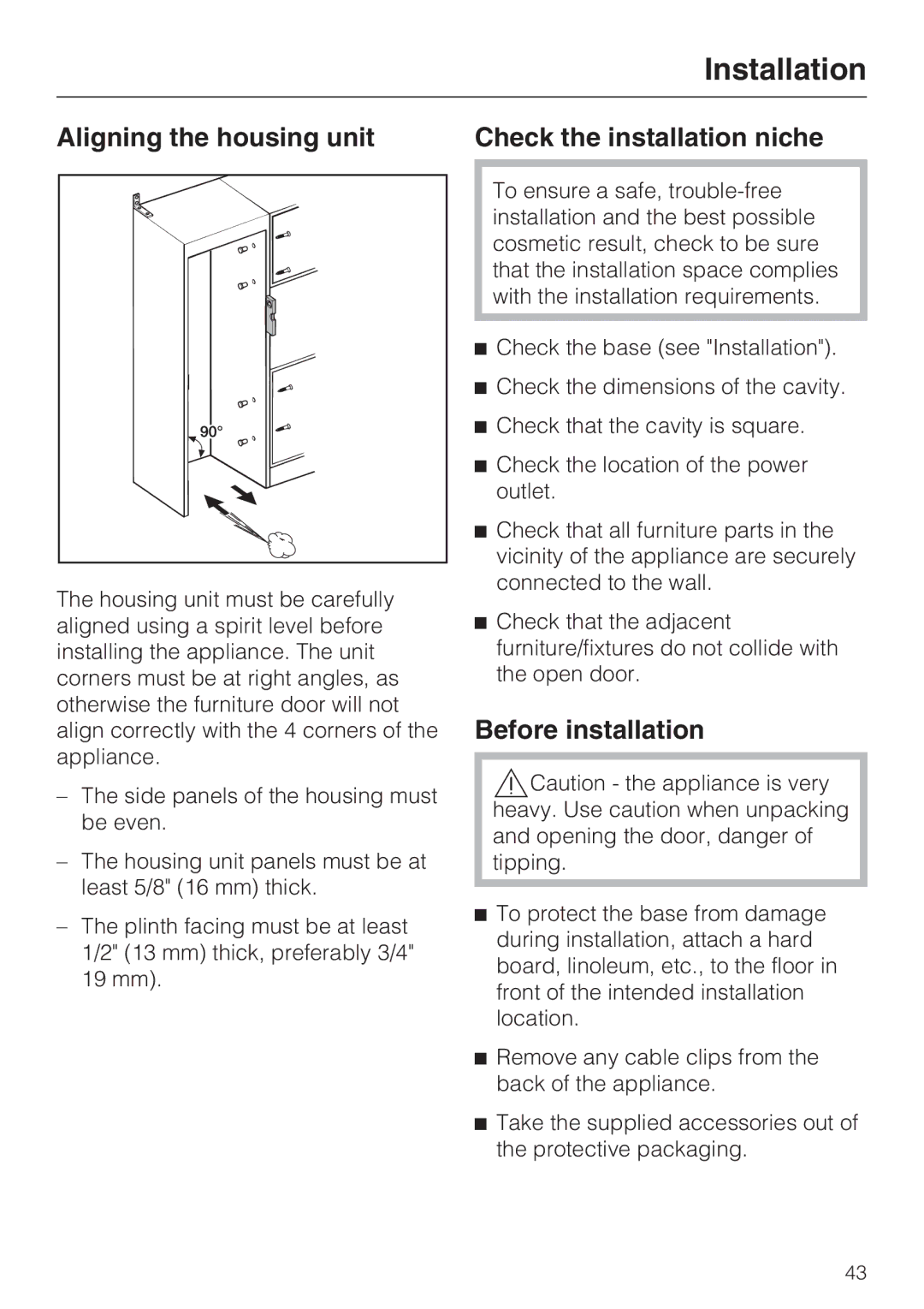 Miele KWT 1611 SF, KWT 1601 SF Aligning the housing unit Check the installation niche, Before installation 