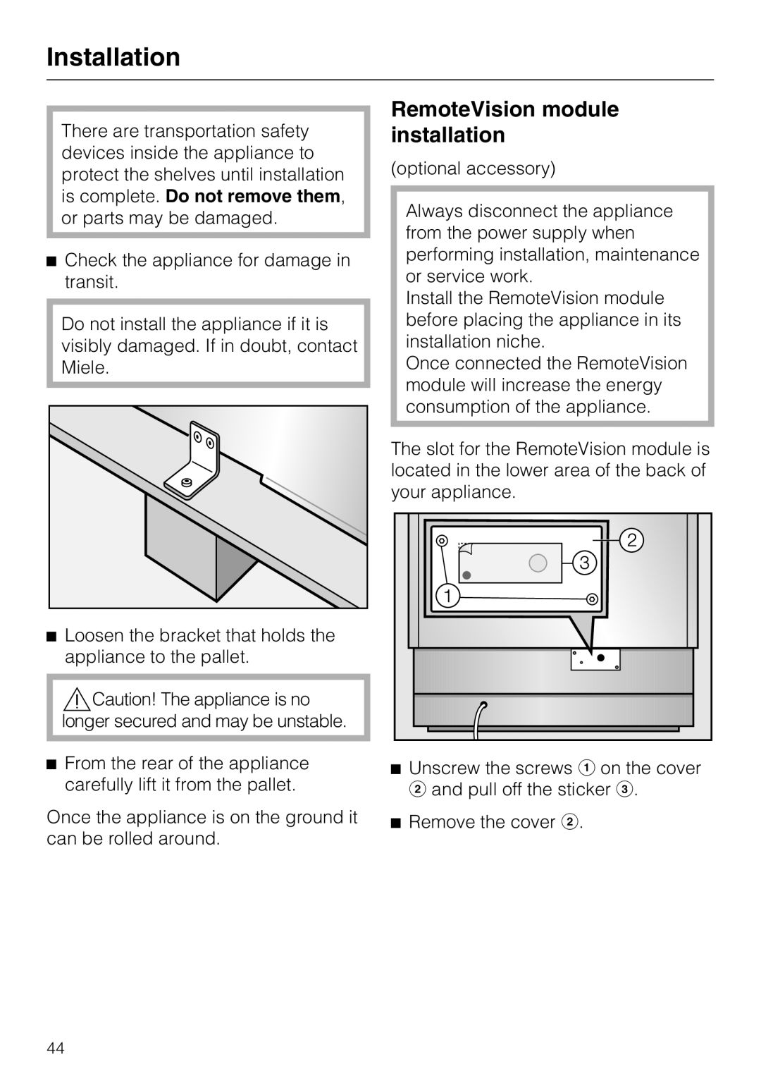 Miele KWT 1601 SF, KWT 1611 SF installation instructions RemoteVision module installation 