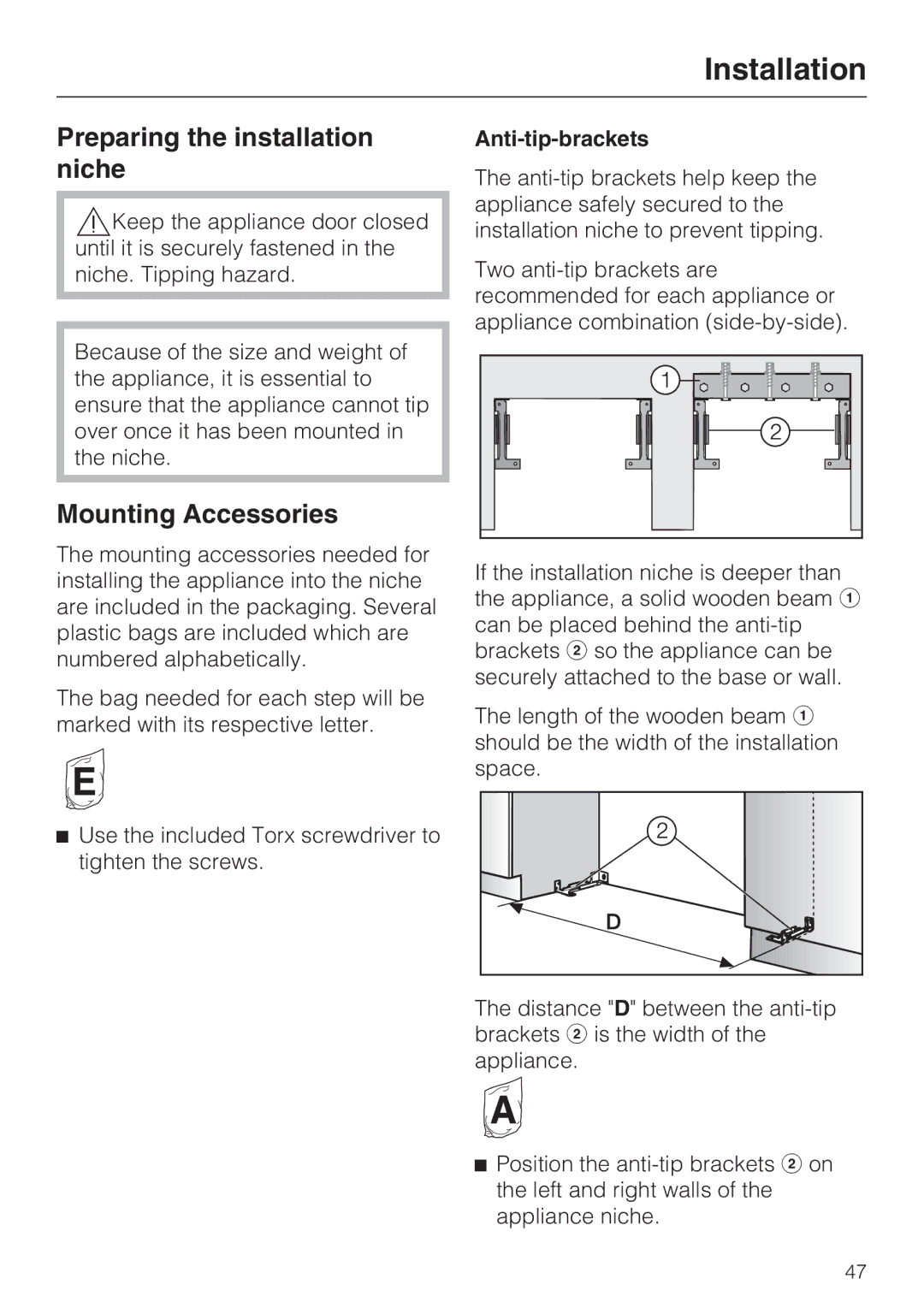 Miele KWT 1611 SF, KWT 1601 SF Preparing the installation niche, Mounting Accessories, Anti-tip-brackets 