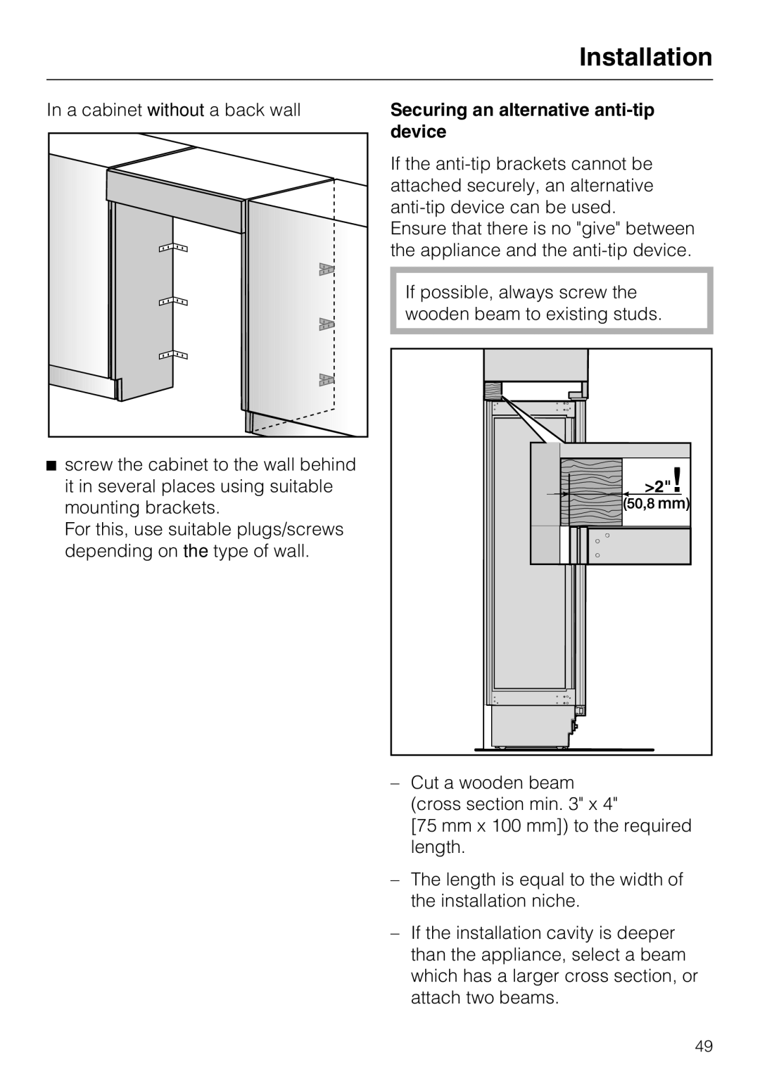 Miele KWT 1611 SF, KWT 1601 SF installation instructions Securing an alternative anti-tip device 