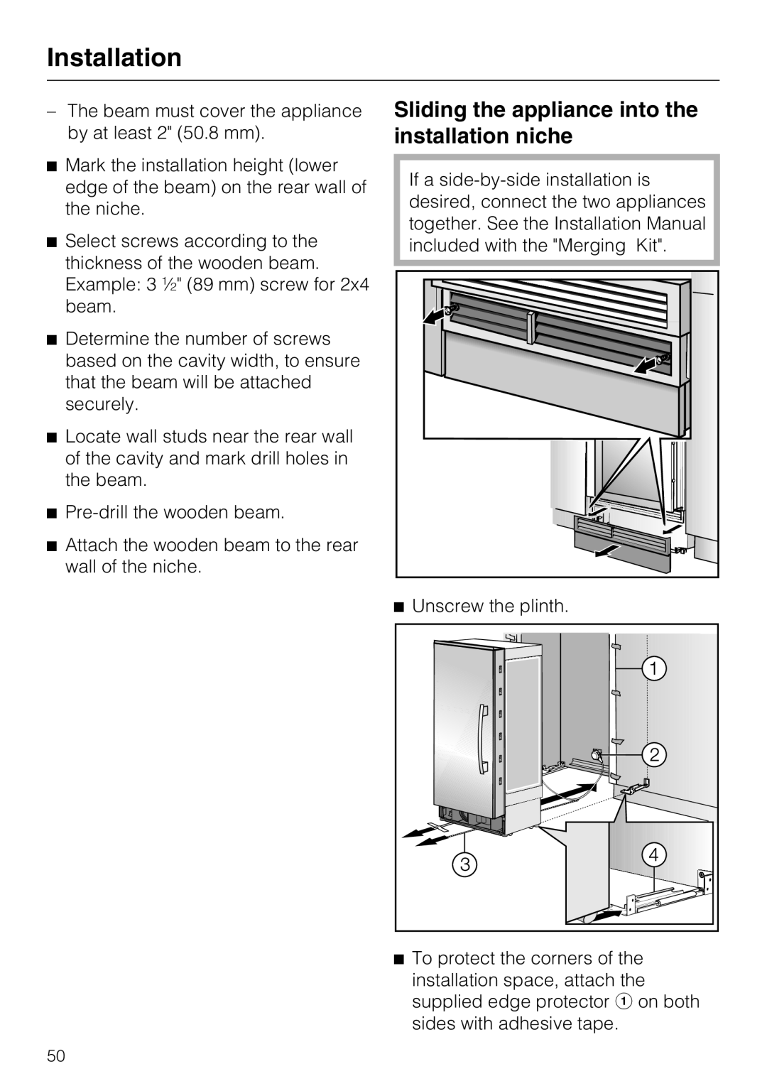 Miele KWT 1601 SF, KWT 1611 SF installation instructions Sliding the appliance into the installation niche 