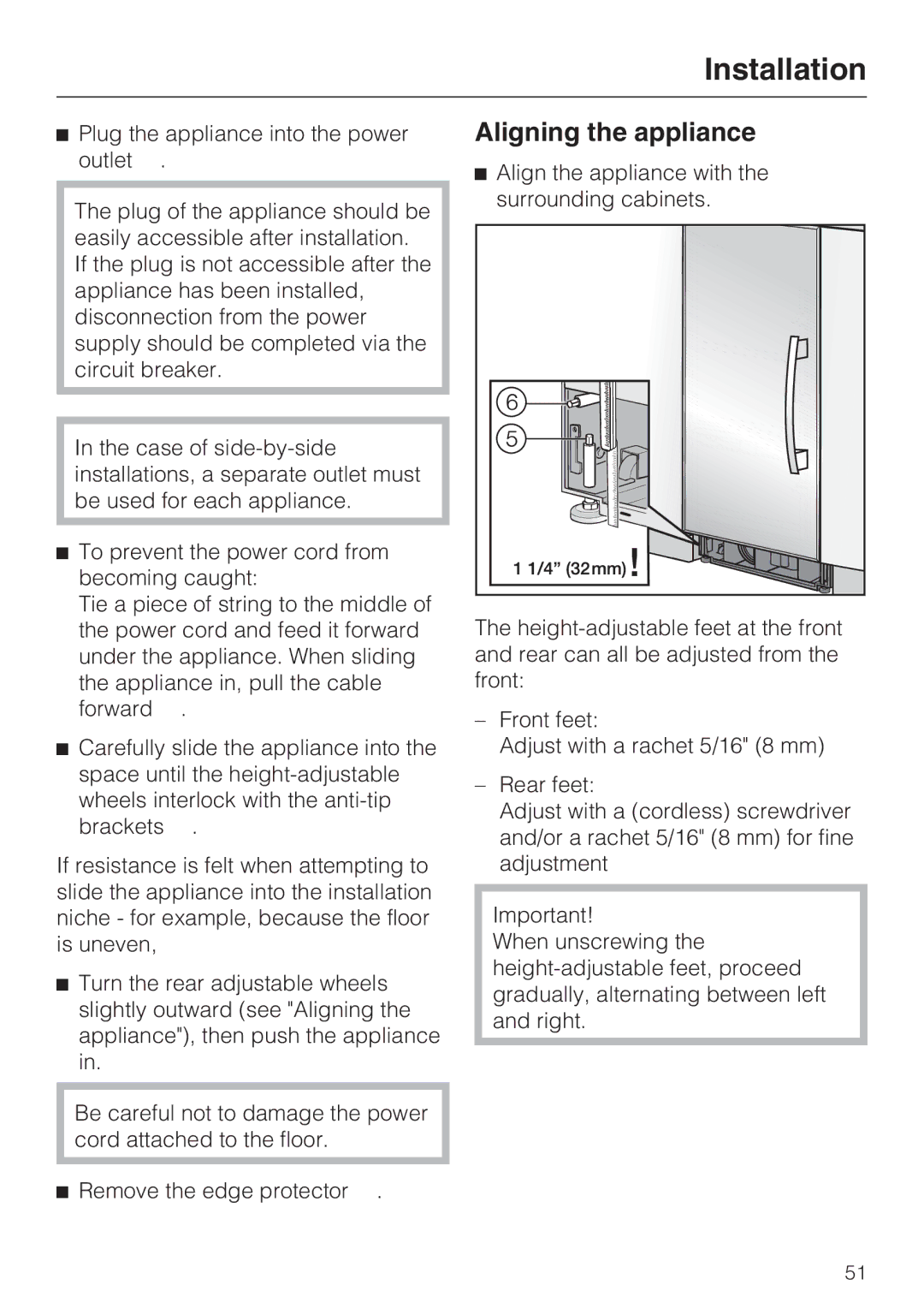 Miele KWT 1611 SF, KWT 1601 SF installation instructions Aligning the appliance 