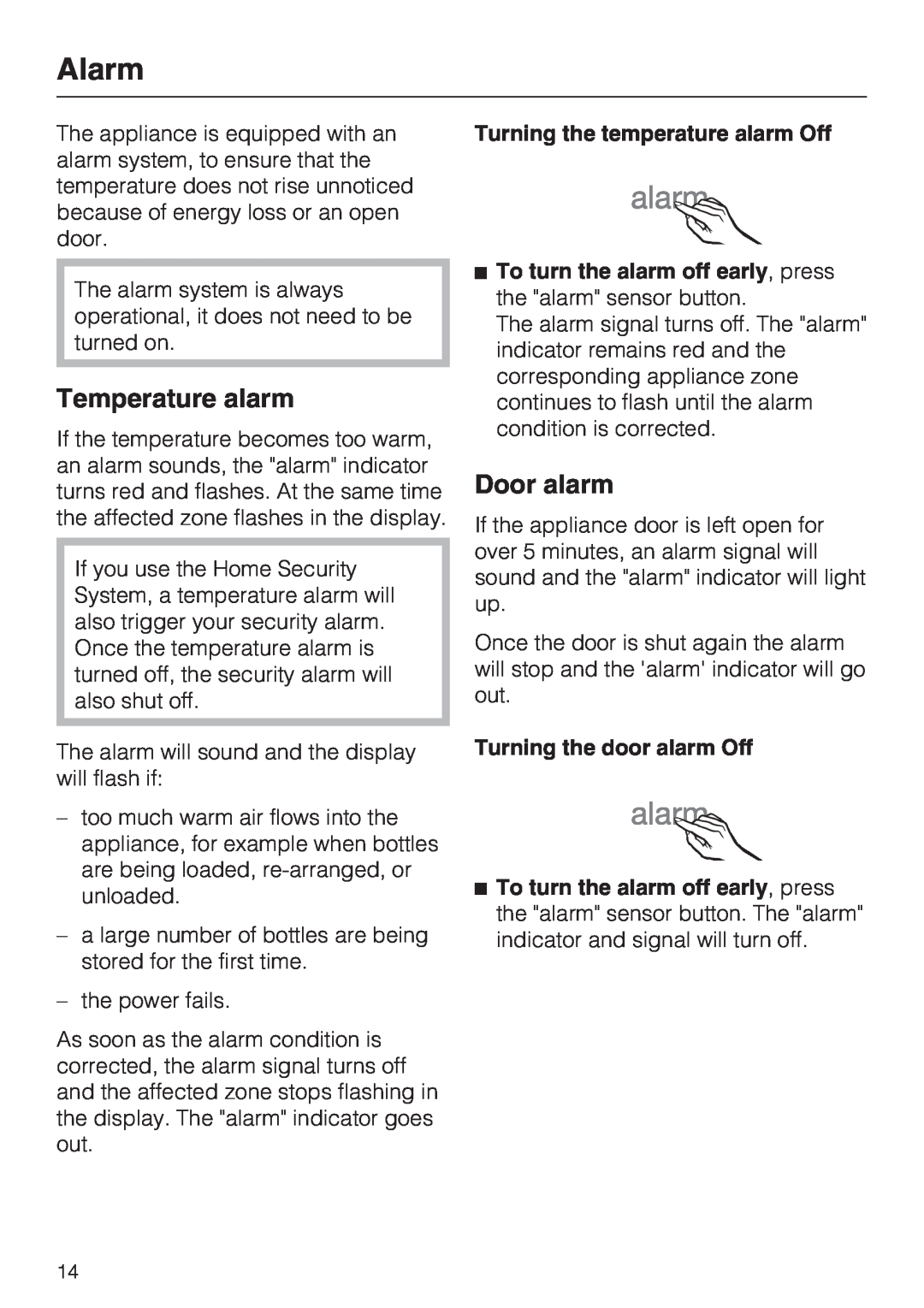Miele KWT 1601 SF Alarm, Temperature alarm, Door alarm, Turning the temperature alarm Off, Turning the door alarm Off 