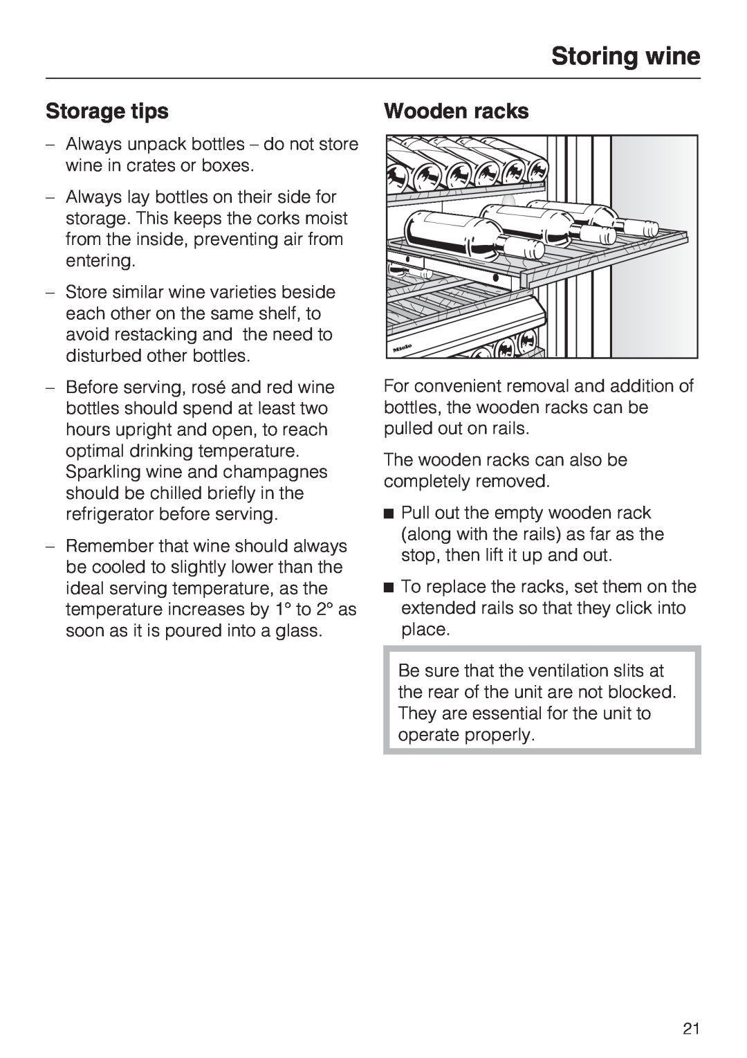 Miele KWT 1611 SF, KWT 1601 SF installation instructions Storing wine, Storage tips, Wooden racks 