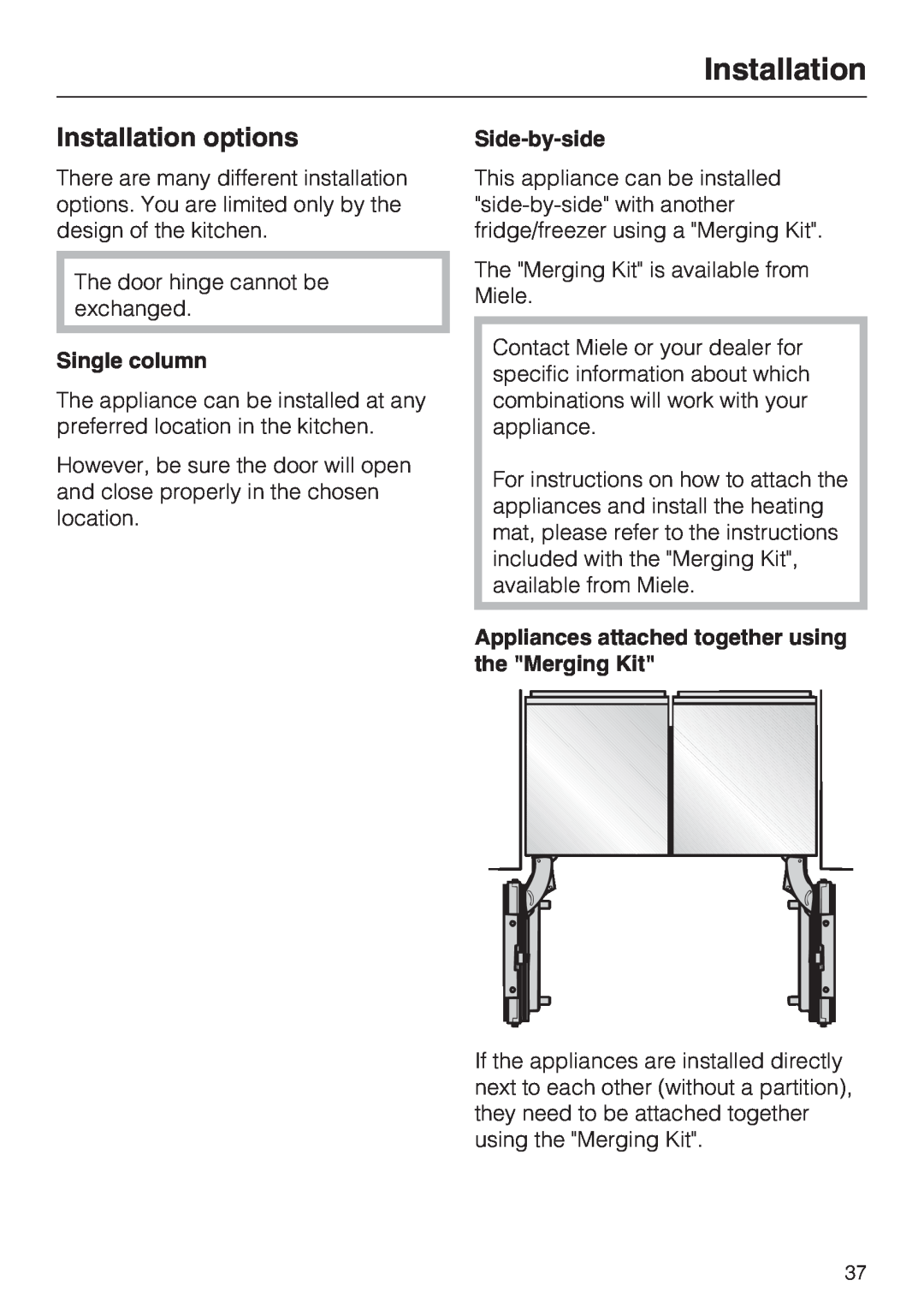 Miele KWT 1611 SF, KWT 1601 SF installation instructions Installation options, Single column, Side-by-side 