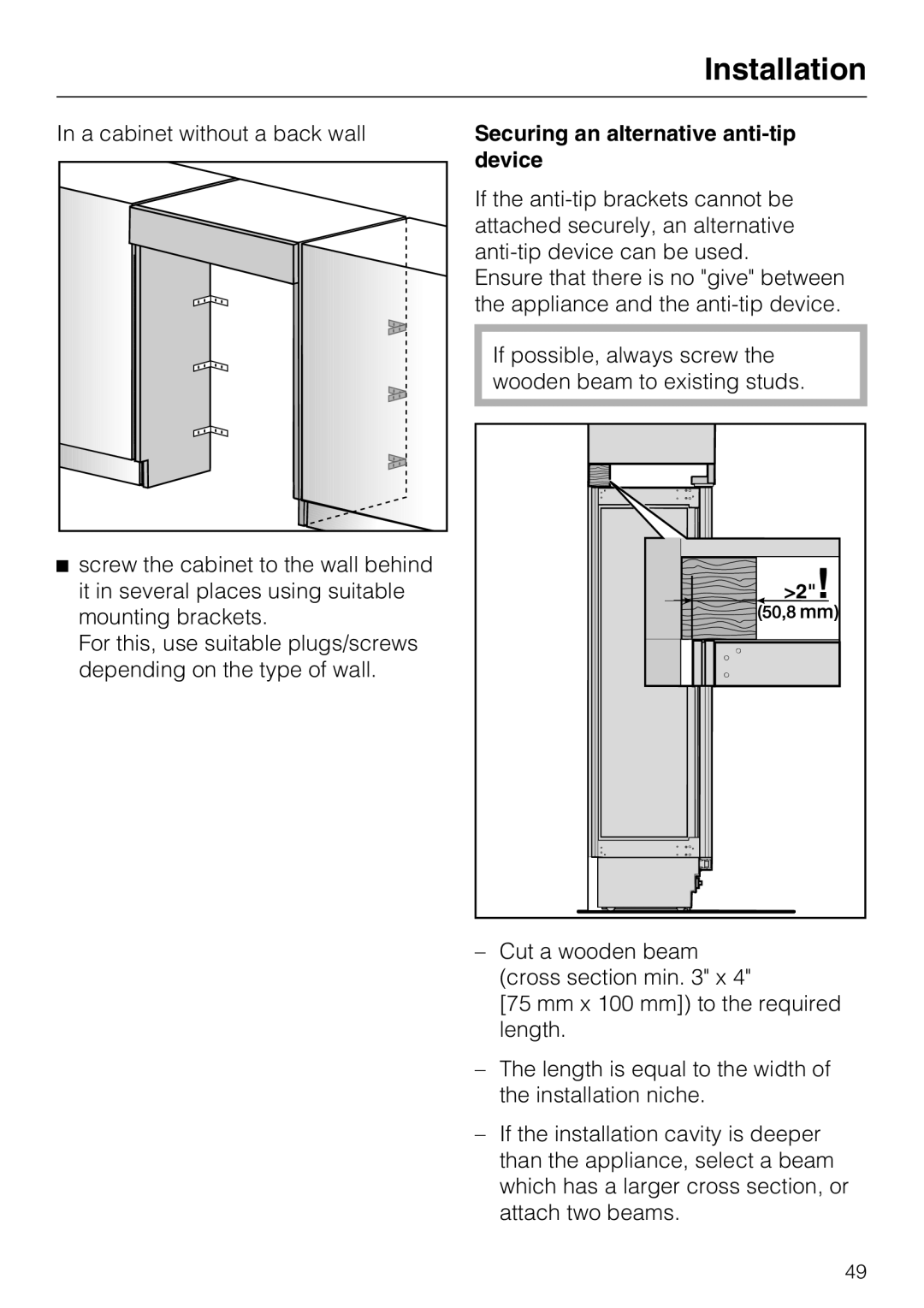 Miele KWT 1611 SF, KWT 1601 SF installation instructions Securing an alternative anti-tipdevice, Installation 