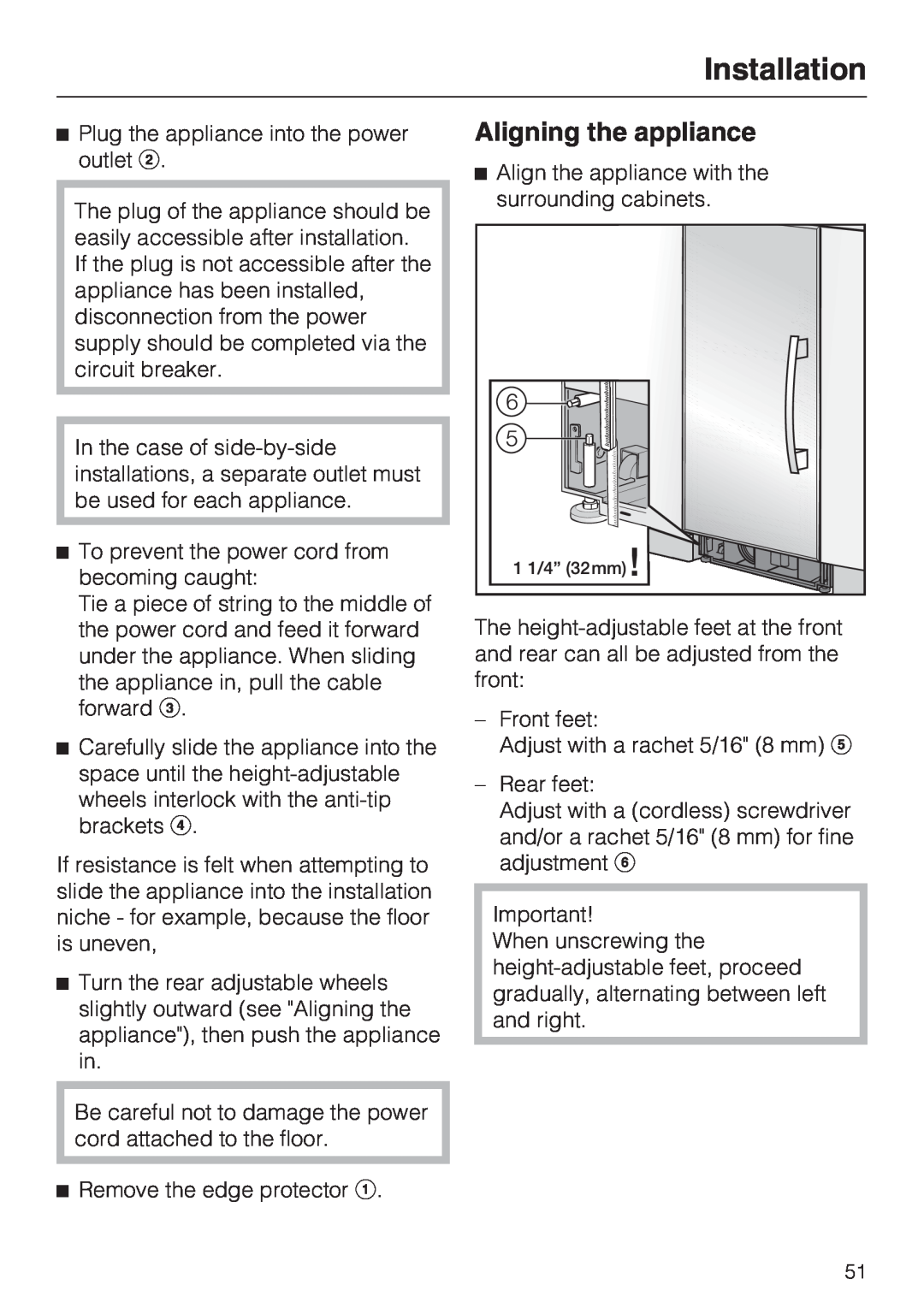 Miele KWT 1611 SF, KWT 1601 SF installation instructions Aligning the appliance, Installation 