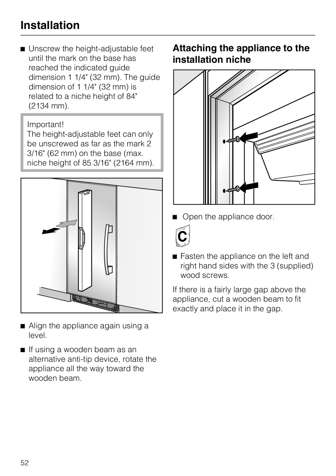 Miele KWT 1601 SF, KWT 1611 SF installation instructions Attaching the appliance to the installation niche, Installation 
