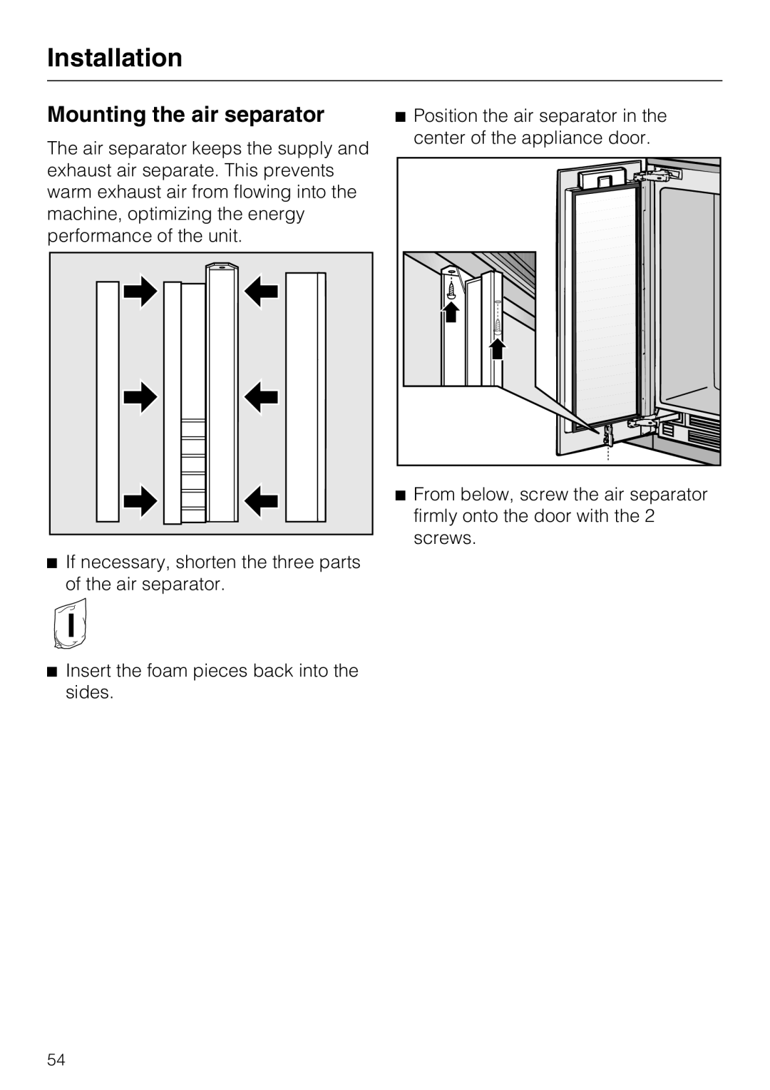 Miele KWT 1601 SF, KWT 1611 SF installation instructions Mounting the air separator, Installation 