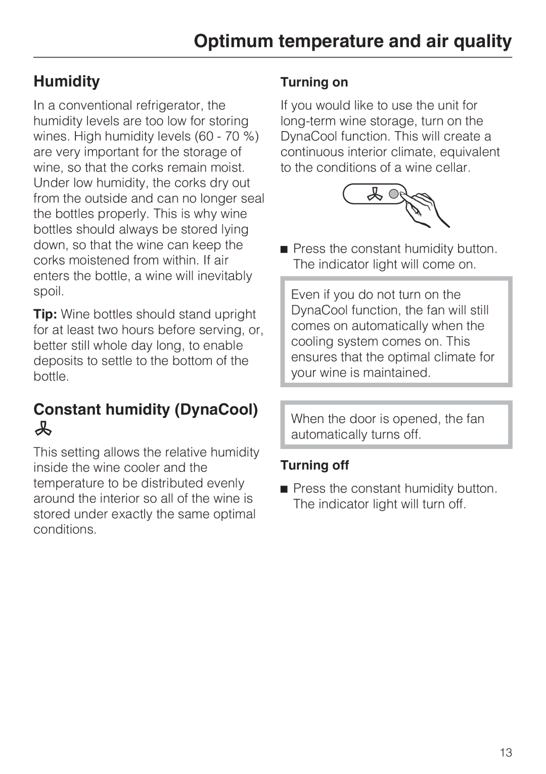 Miele KWT 4154 UG-1 installation instructions Humidity, Constant humidity DynaCool 