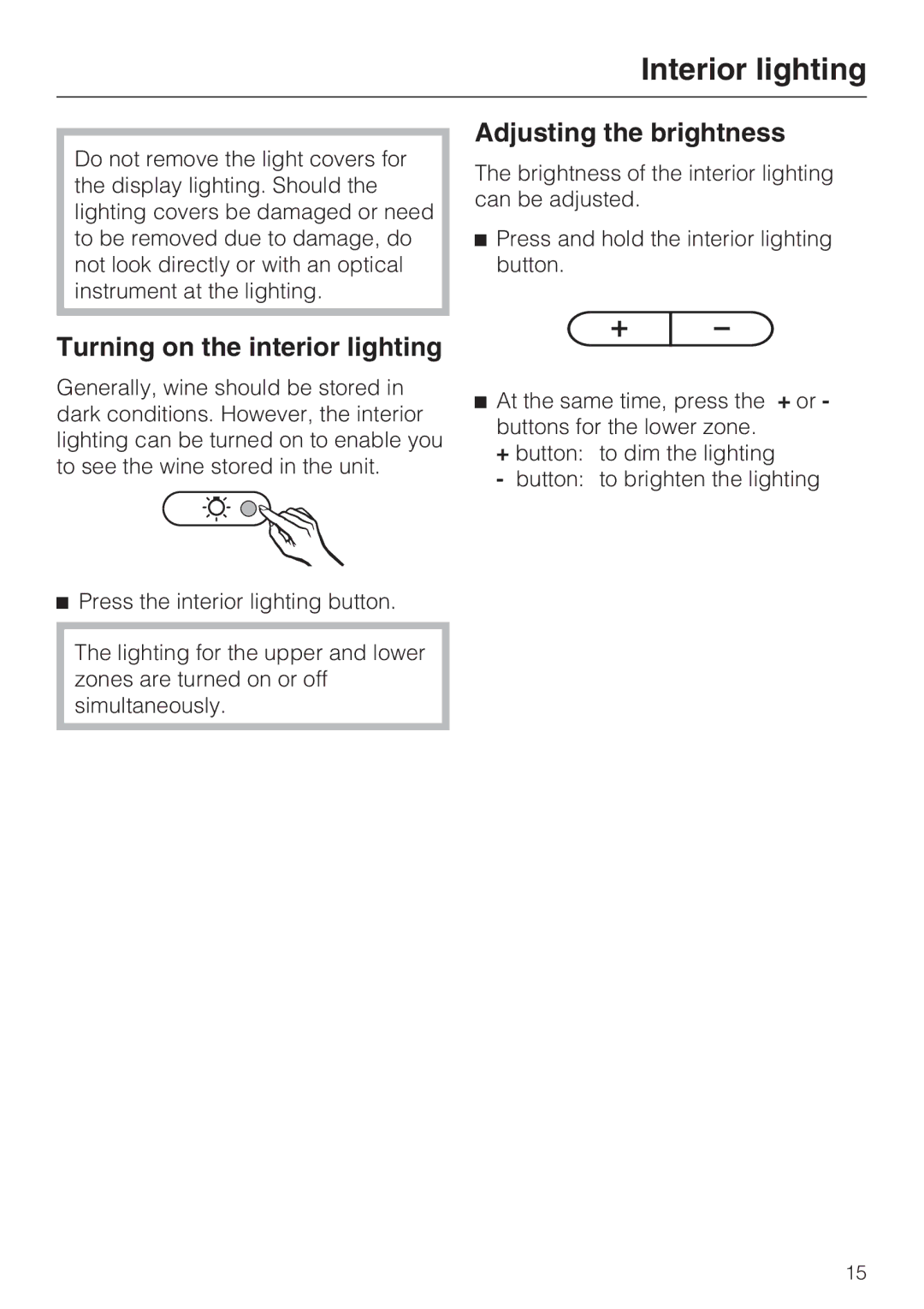 Miele KWT 4154 UG-1 installation instructions Interior lighting, Adjusting the brightness, Turning on the interior lighting 