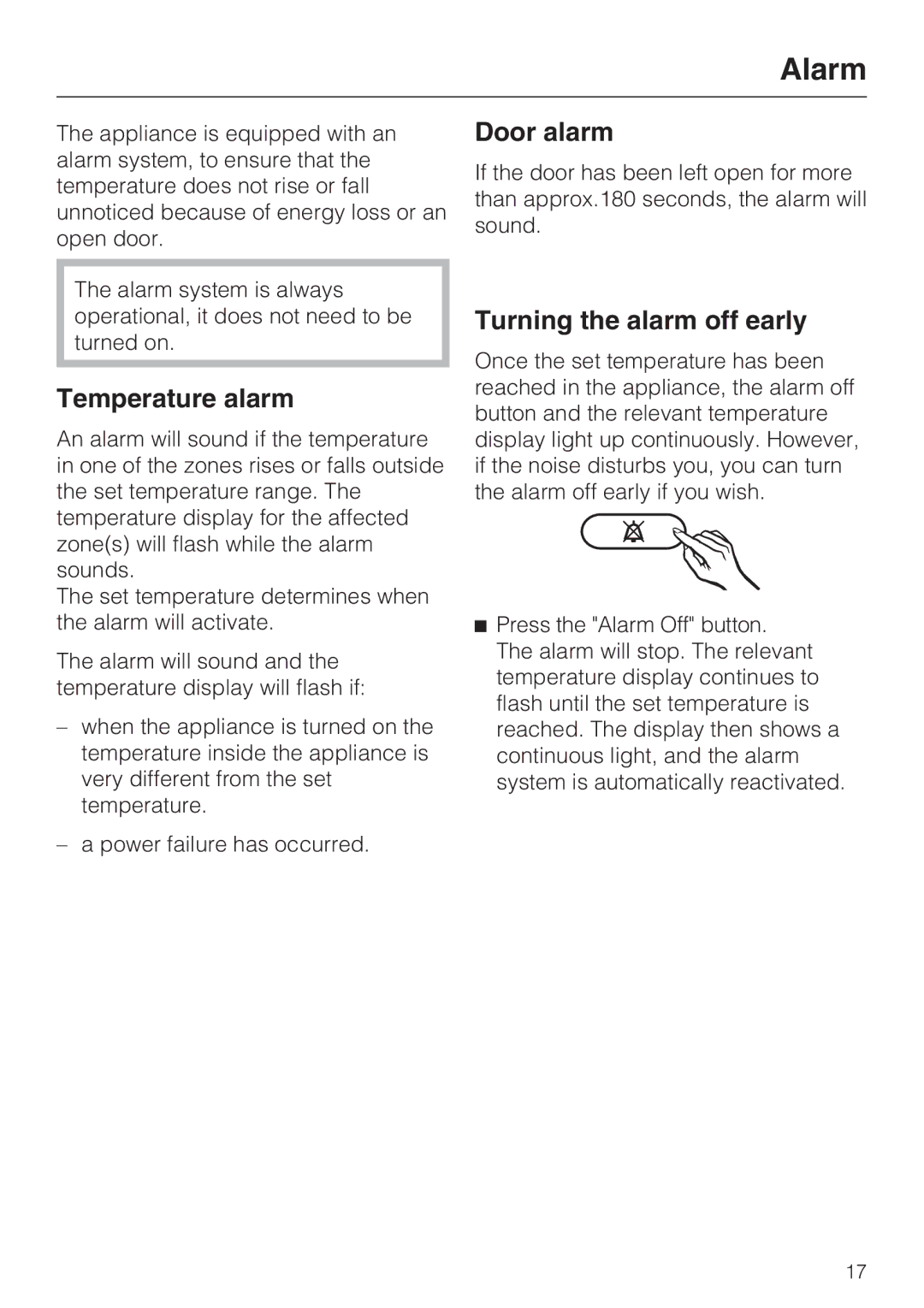 Miele KWT 4154 UG-1 installation instructions Alarm, Temperature alarm, Door alarm, Turning the alarm off early 