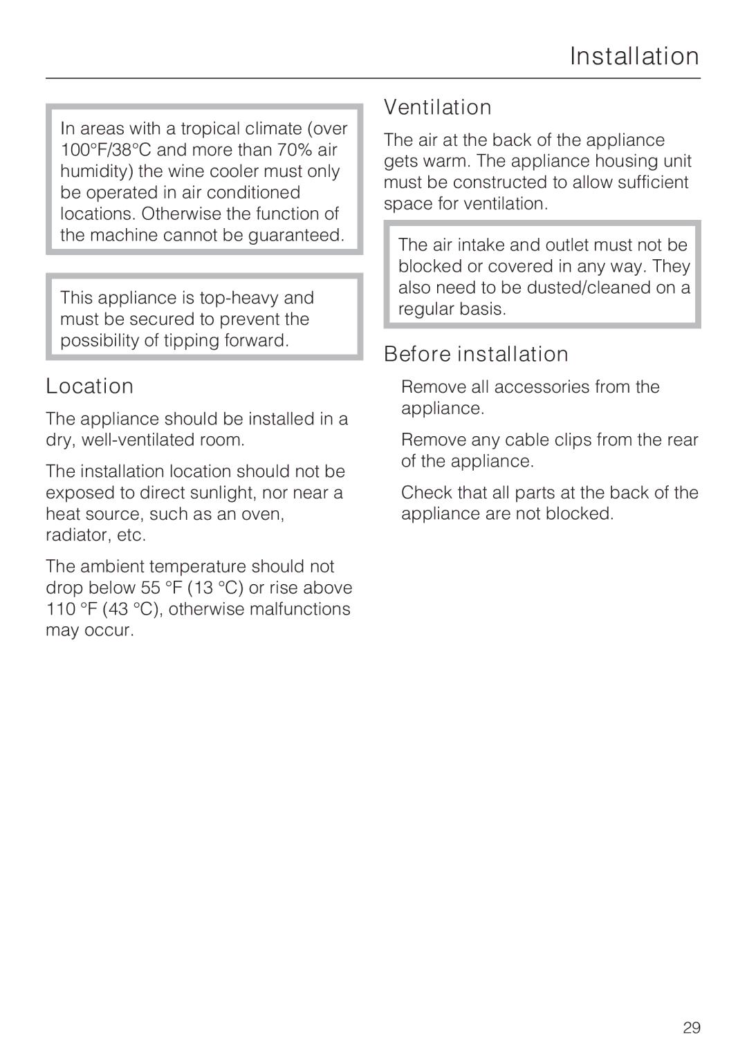 Miele KWT 4154 UG-1 installation instructions Installation, Location, Ventilation, Before installation 