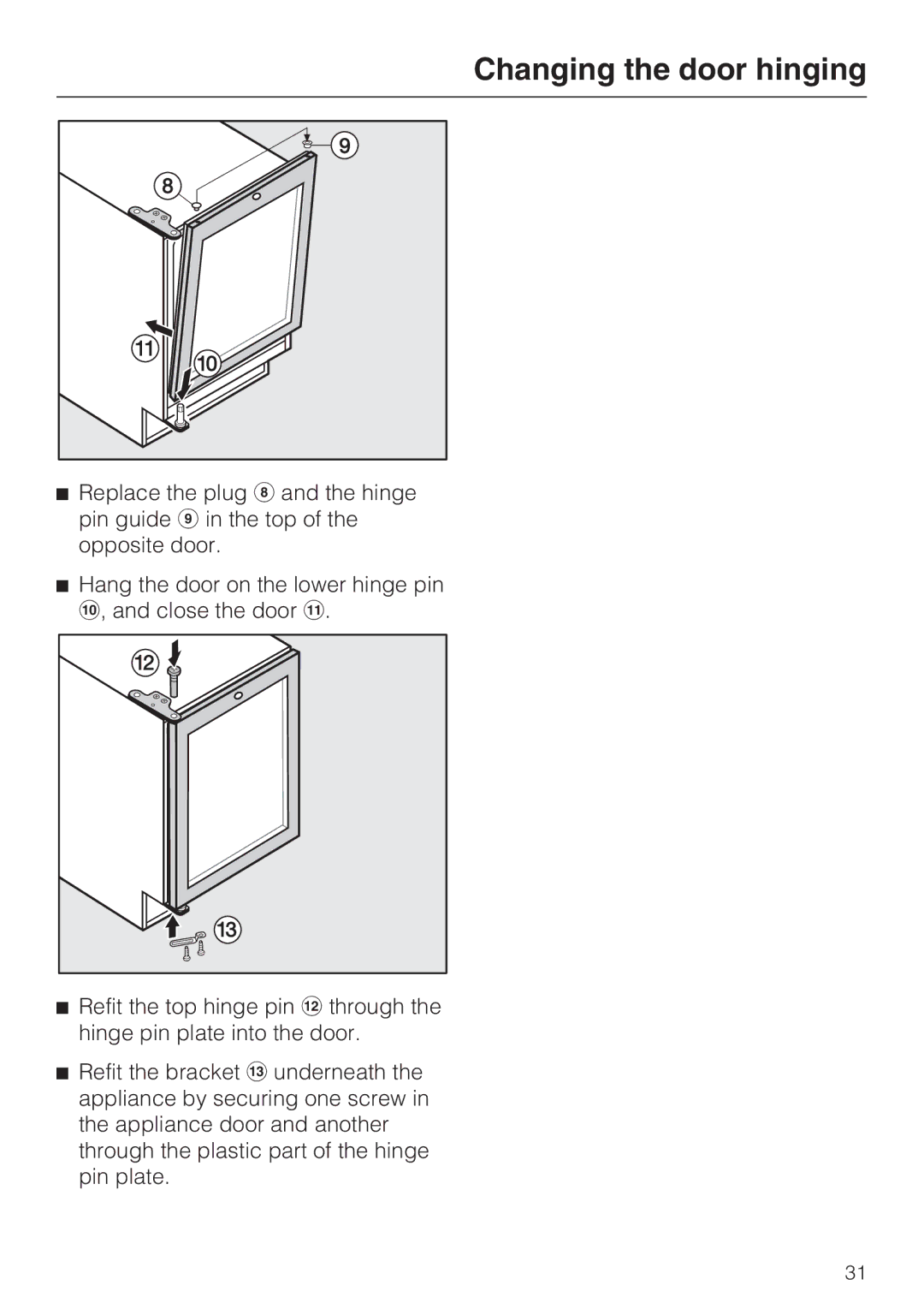 Miele KWT 4154 UG-1 installation instructions Changing the door hinging 