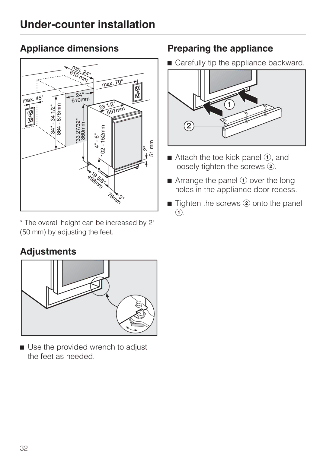 Miele KWT 4154 UG-1 Under-counter installation, Appliance dimensions, Adjustments, Preparing the appliance 