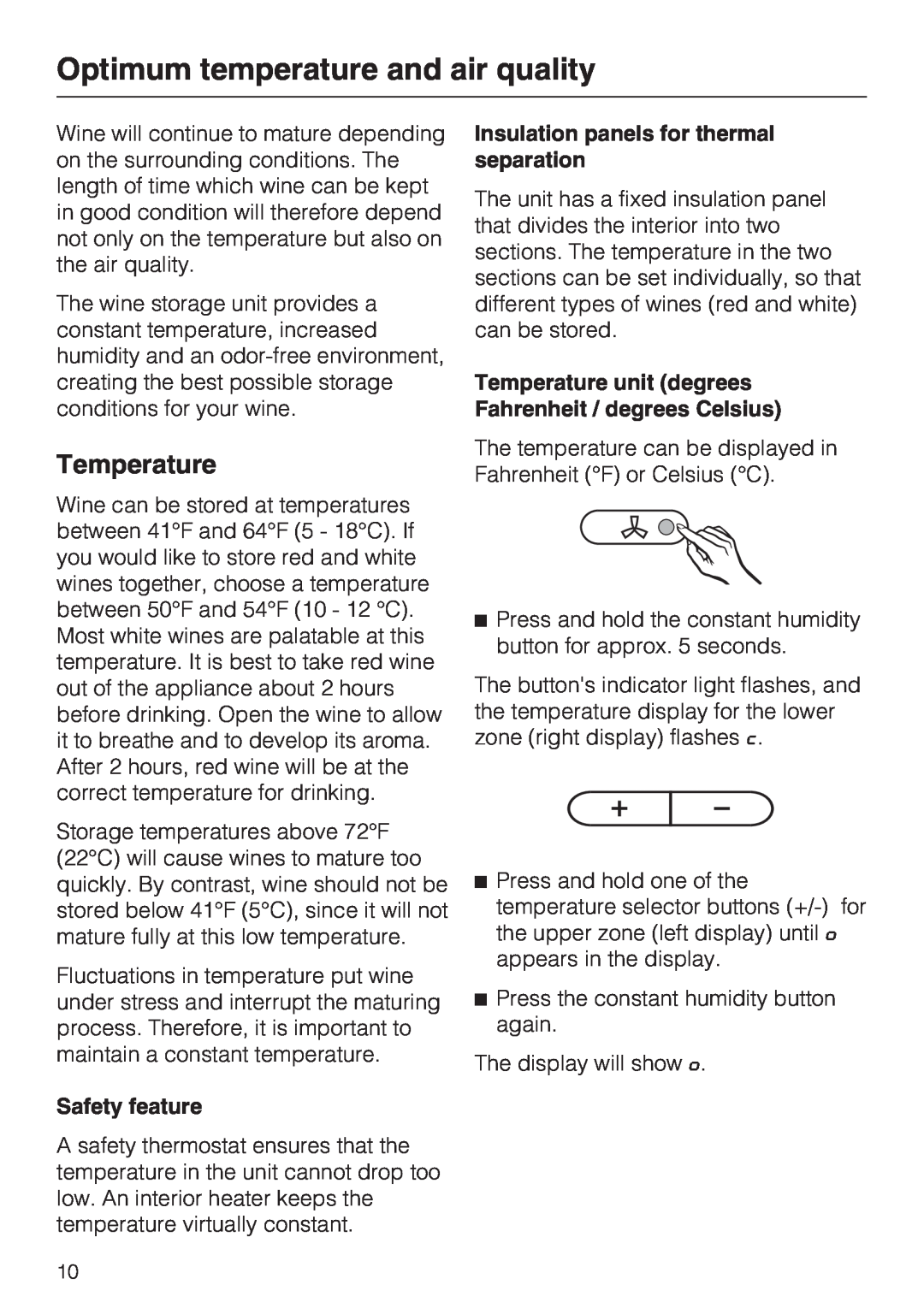 Miele KWT 4154 UG-1 installation instructions Optimum temperature and air quality, Temperature 
