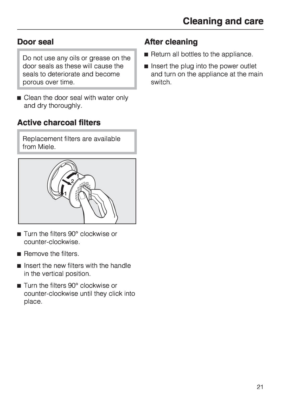 Miele KWT 4154 UG-1 installation instructions Door seal, Active charcoal filters, After cleaning, Cleaning and care 