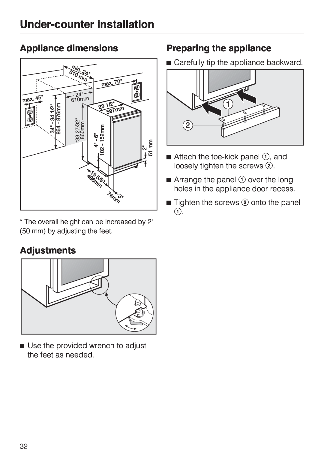 Miele KWT 4154 UG-1 Under-counterinstallation, Appliance dimensions, Adjustments, Preparing the appliance 