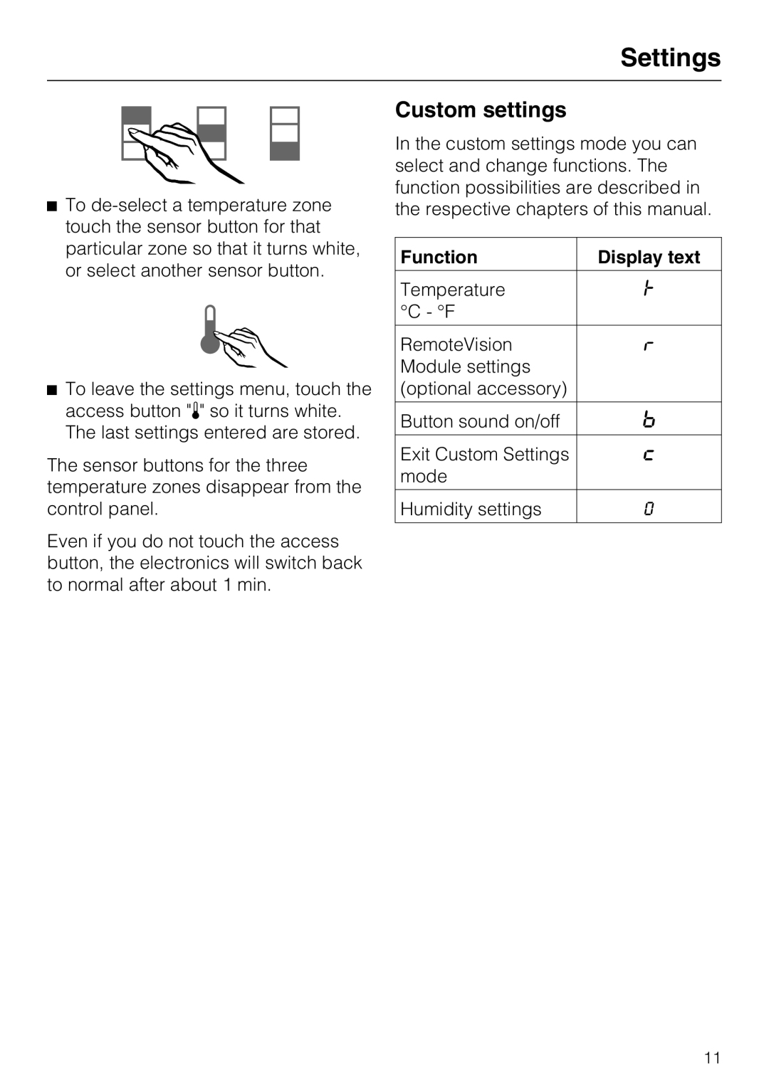 Miele KWT1601SF, KWT1611SF installation instructions Custom settings, Function Display text 