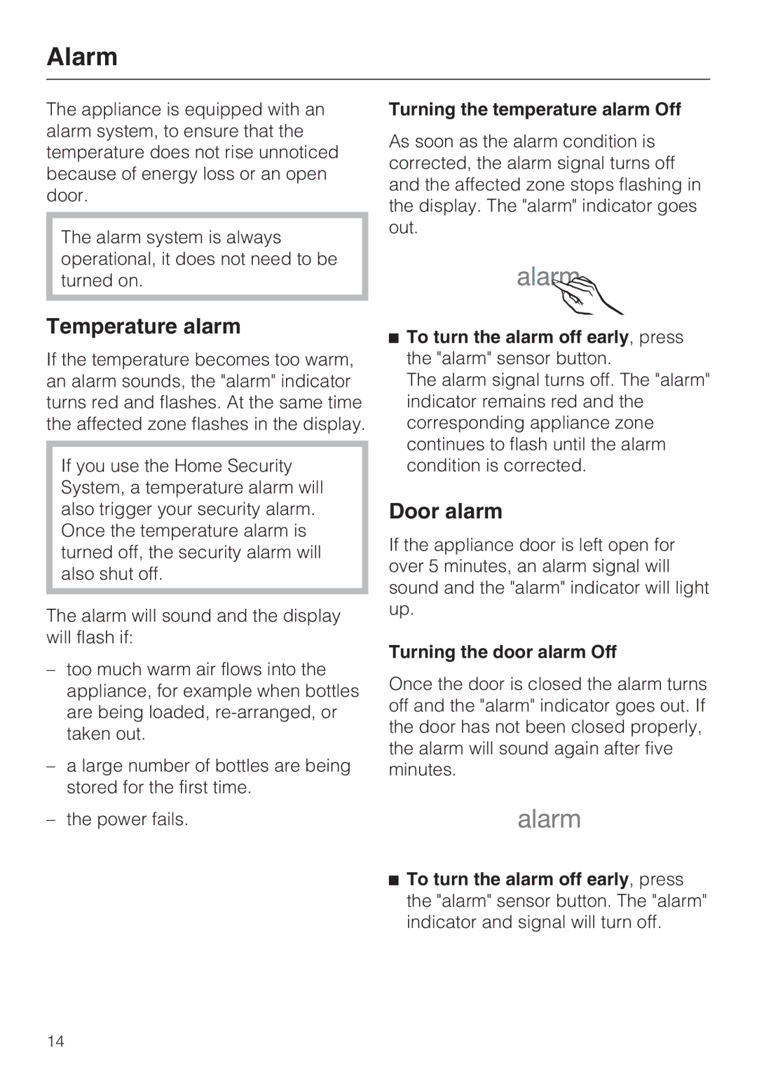 Miele KWT1611SF, KWT1601SF installation instructions Alarm, Temperature alarm, Door alarm 