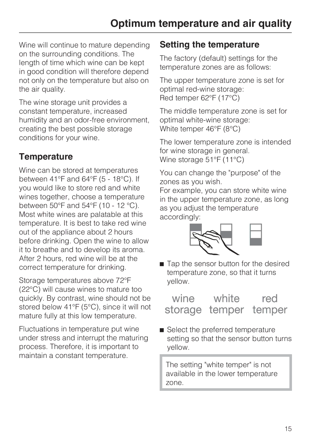 Miele KWT1601SF, KWT1611SF Optimum temperature and air quality, Temperature, Setting the temperature 