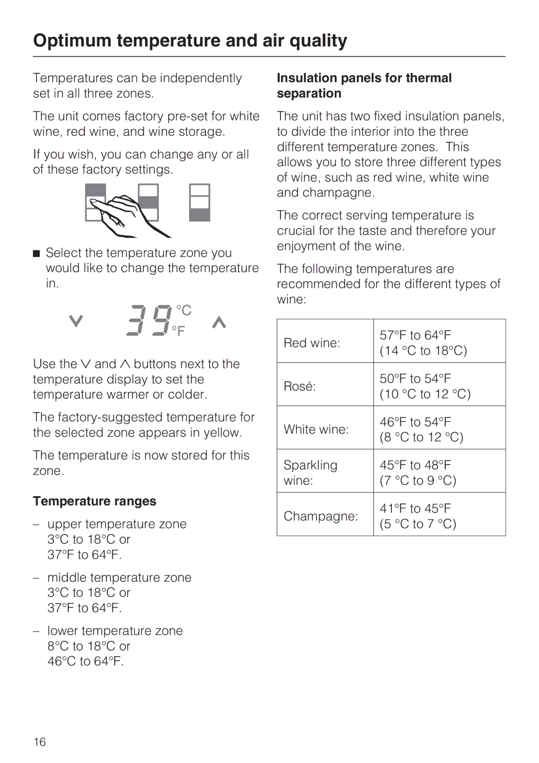 Miele KWT1611SF, KWT1601SF installation instructions Temperature ranges, Insulation panels for thermal separation 