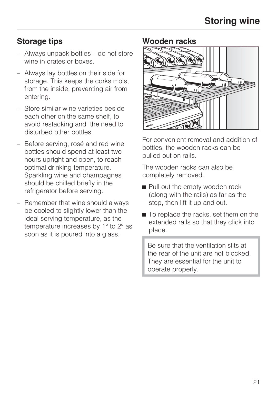 Miele KWT1601SF, KWT1611SF installation instructions Storing wine, Storage tips 